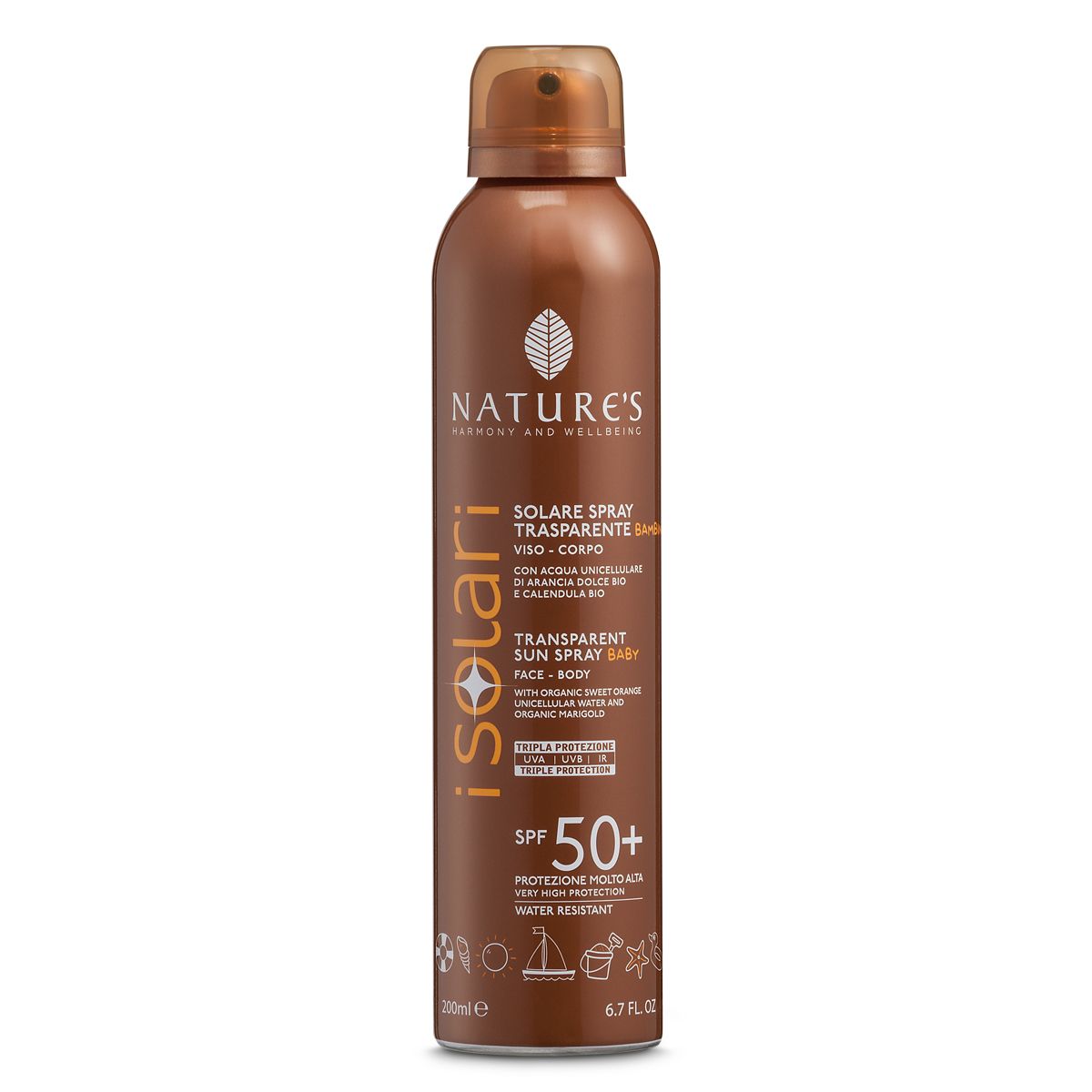 Flacone spray marrone con "i solar" e "SPF 50+". Testo: Spray solare per bambini. Con ingredienti bio. Resistente all'acqua.