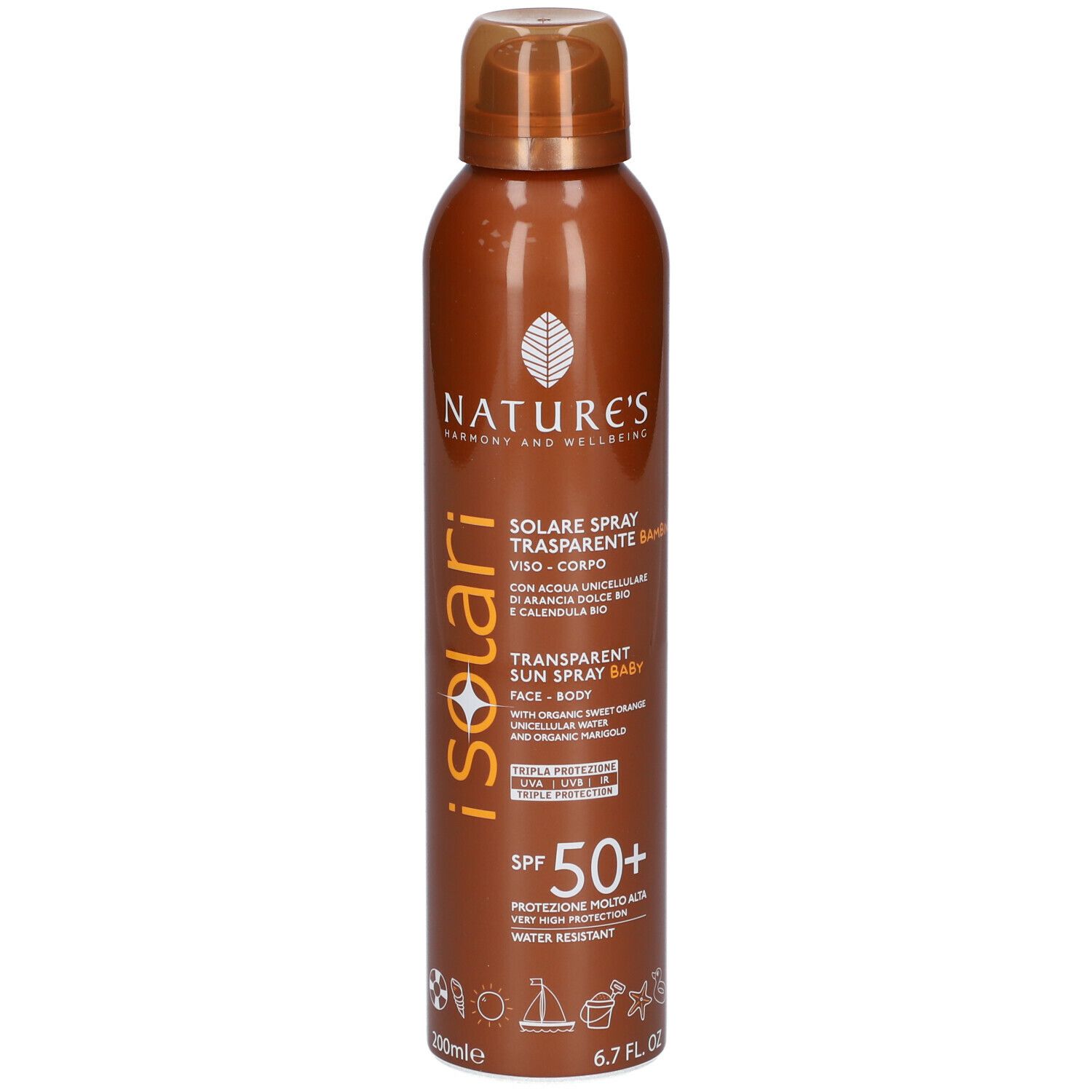 Flacone spray marrone, retro con testo. Contiene informazioni sull'uso e gli ingredienti. Con certificazioni.