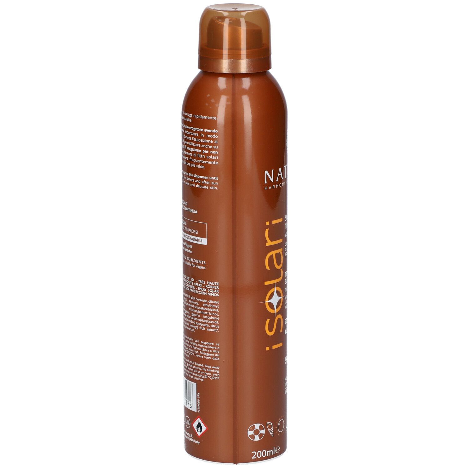 Flacone spray marrone, retro con testo. Contiene informazioni sull'uso e gli ingredienti. Con certificazioni.