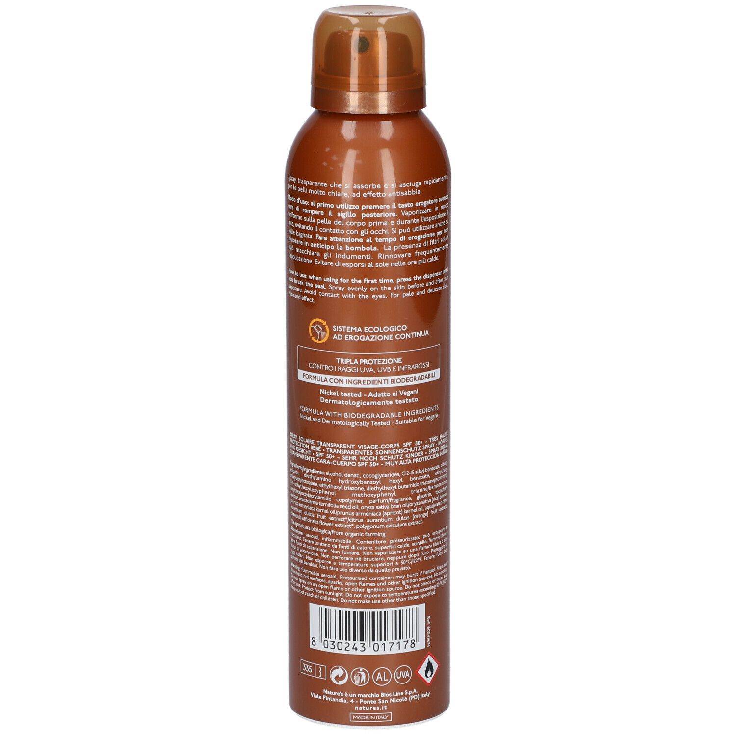 Flacone spray marrone, retro con testo. Contiene informazioni sull'uso e gli ingredienti. Con certificazioni.