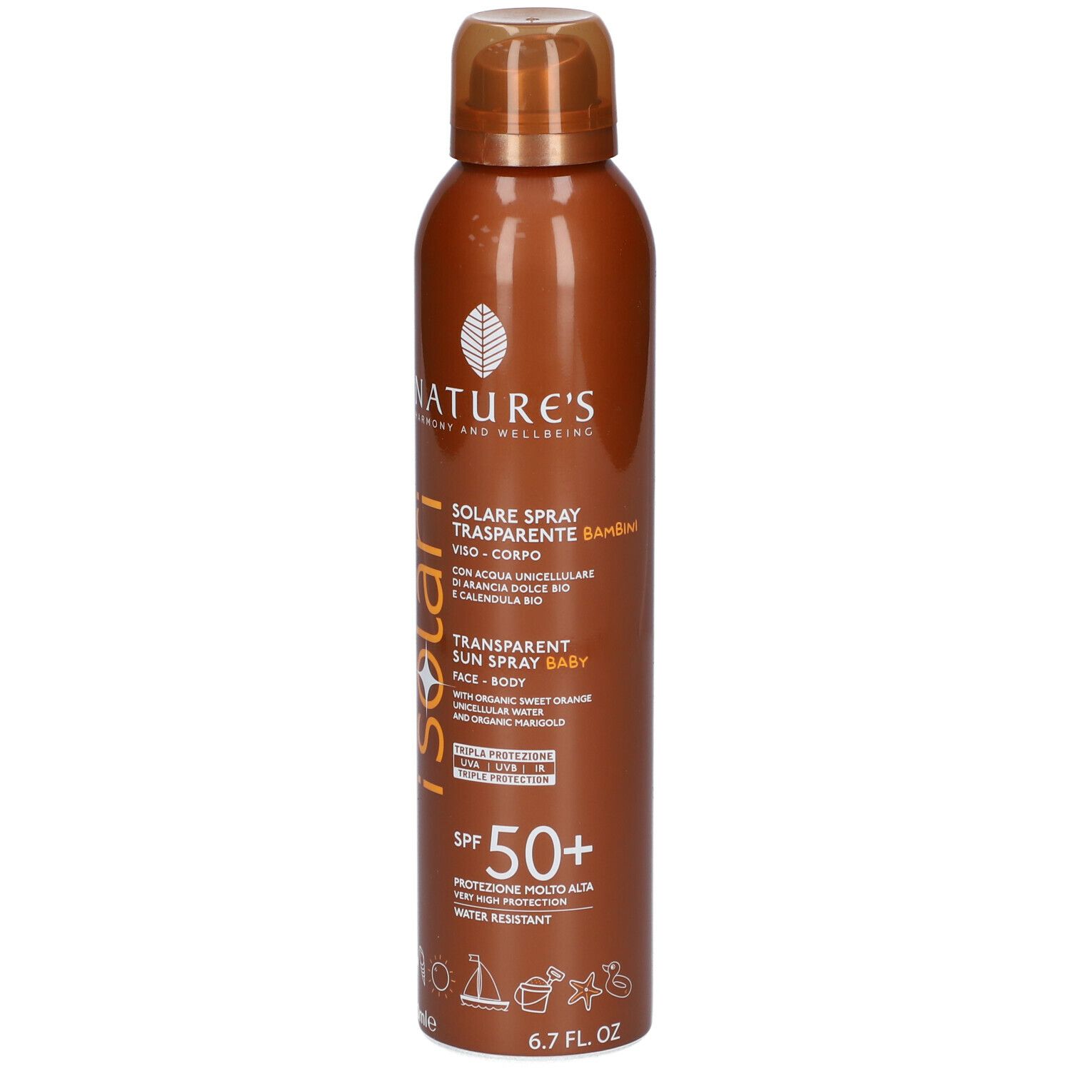 Flacone spray marrone con "i solar" e "SPF 50+". Testo: Spray solare per bambini. Con ingredienti bio. Resistente all'acqua.
