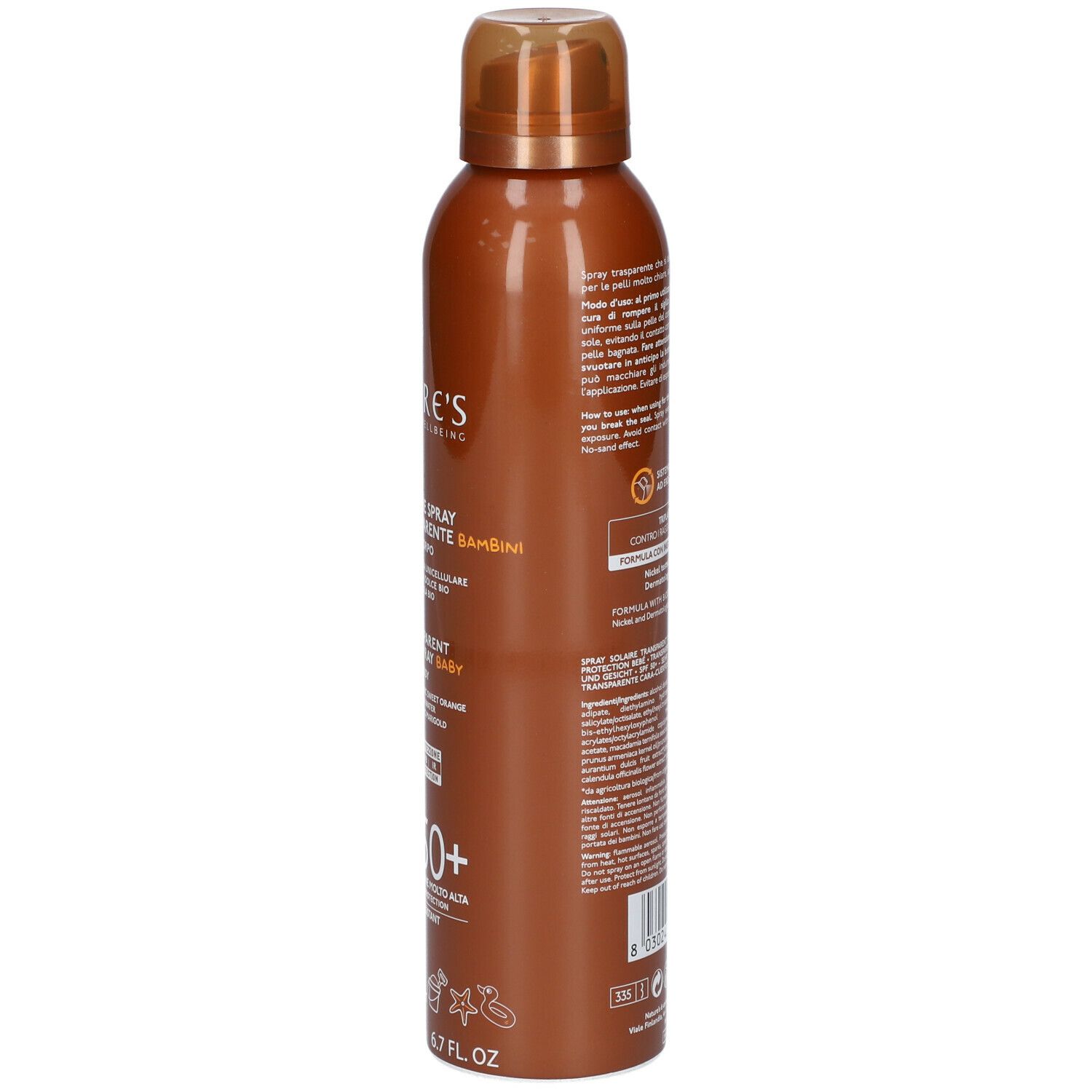 Flacone spray marrone, lato con testo. Contiene informazioni sull'uso e gli ingredienti. Con certificazioni.