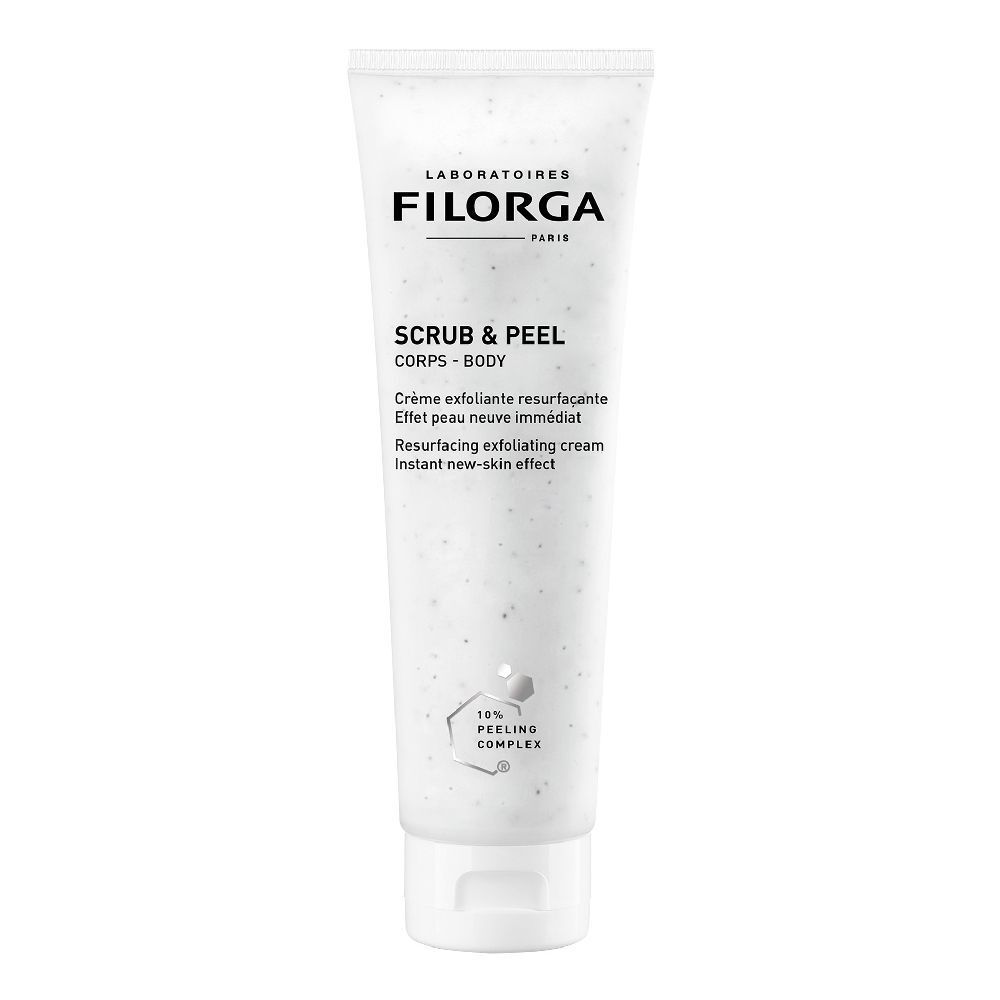 Tube blanc avec texte. Inscription: Filorga, Scrub & Peel Corps - Body, Crème exfoliante resurfaçante, 10% Peeling Complex.