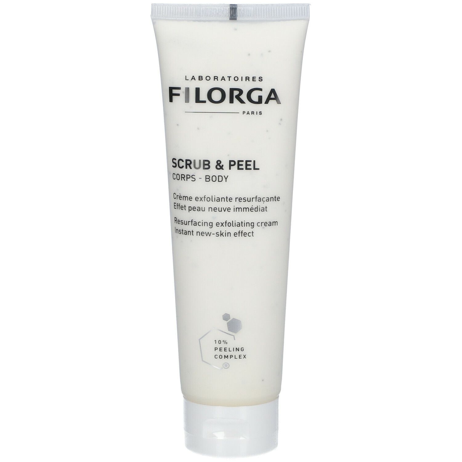 Tube blanc avec texte. Inscription: Filorga, Scrub & Peel Corps - Body, Crème exfoliante resurfaçante, 10% Peeling Complex.