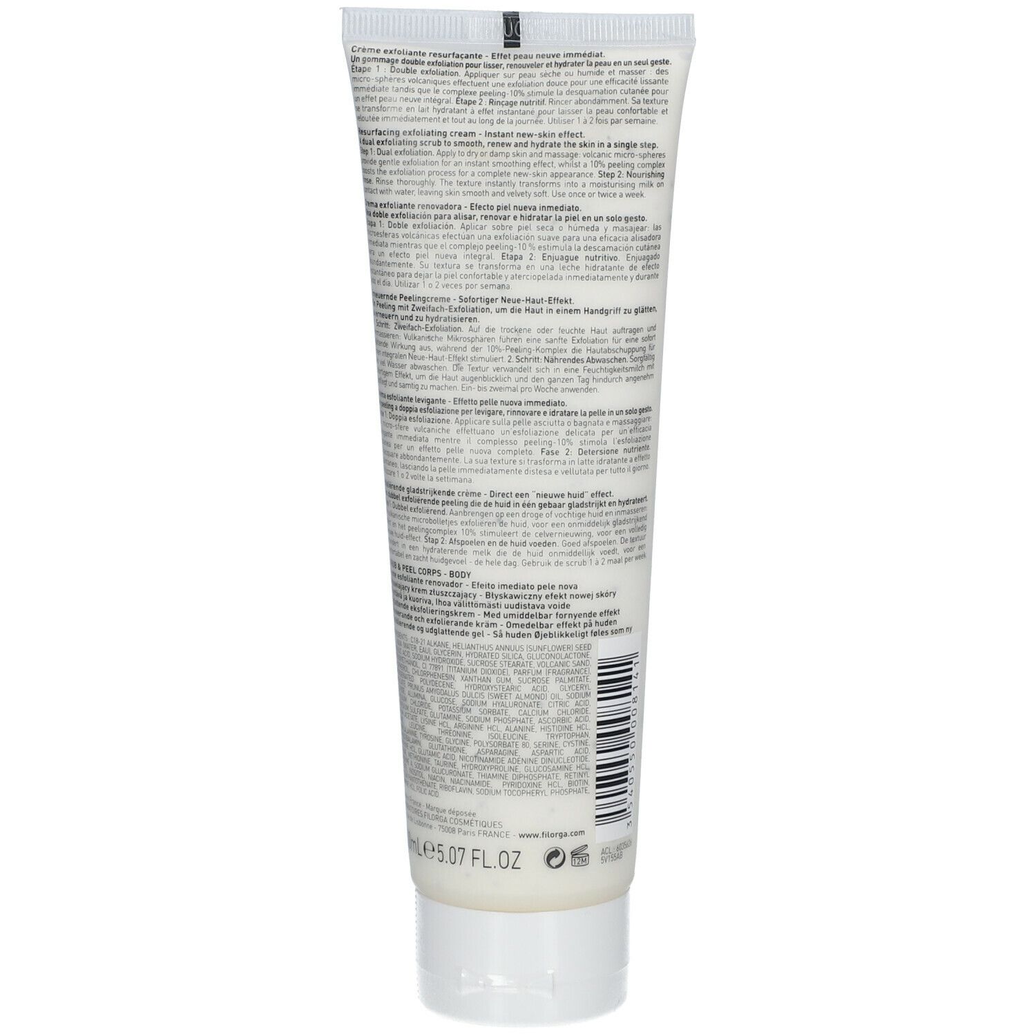 Dos d'un tube avec informations produit. Texte multilingue. Code-barres et logo.