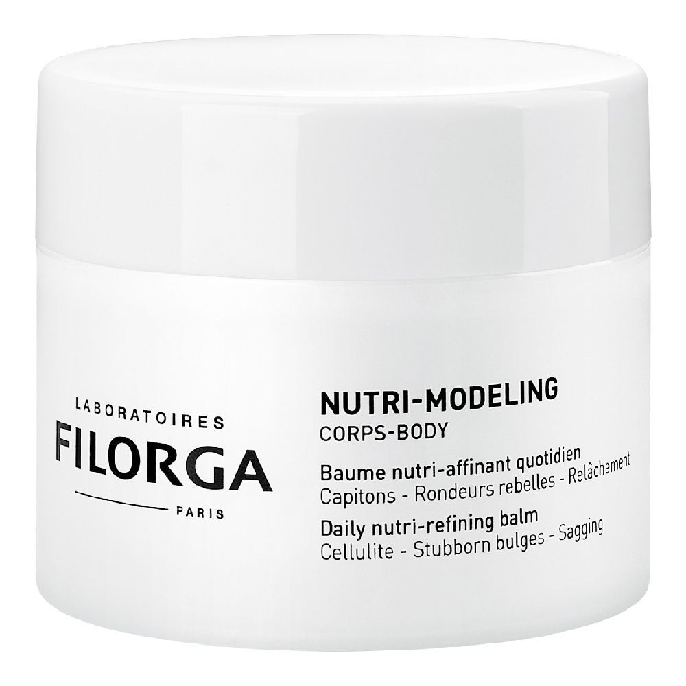 Pot blanc avec logo Filorga et texte Nutri-Modeling Corps-Body. Texte: Baume nutri-affiant quotidien. 