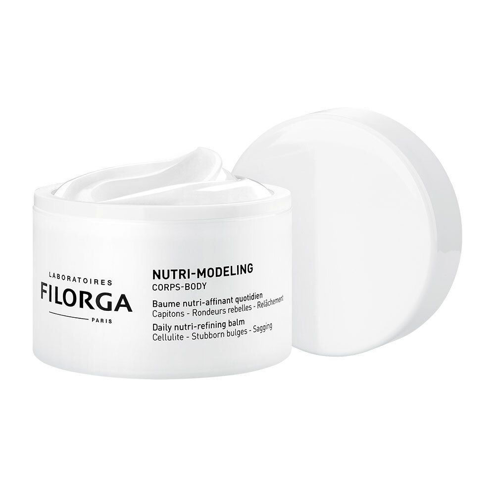 Pot blanc avec crème, couvercle à côté. Logo Filorga et texte Nutri-Modeling Corps-Body. Texte: Baume nutri-affiant quotidien.