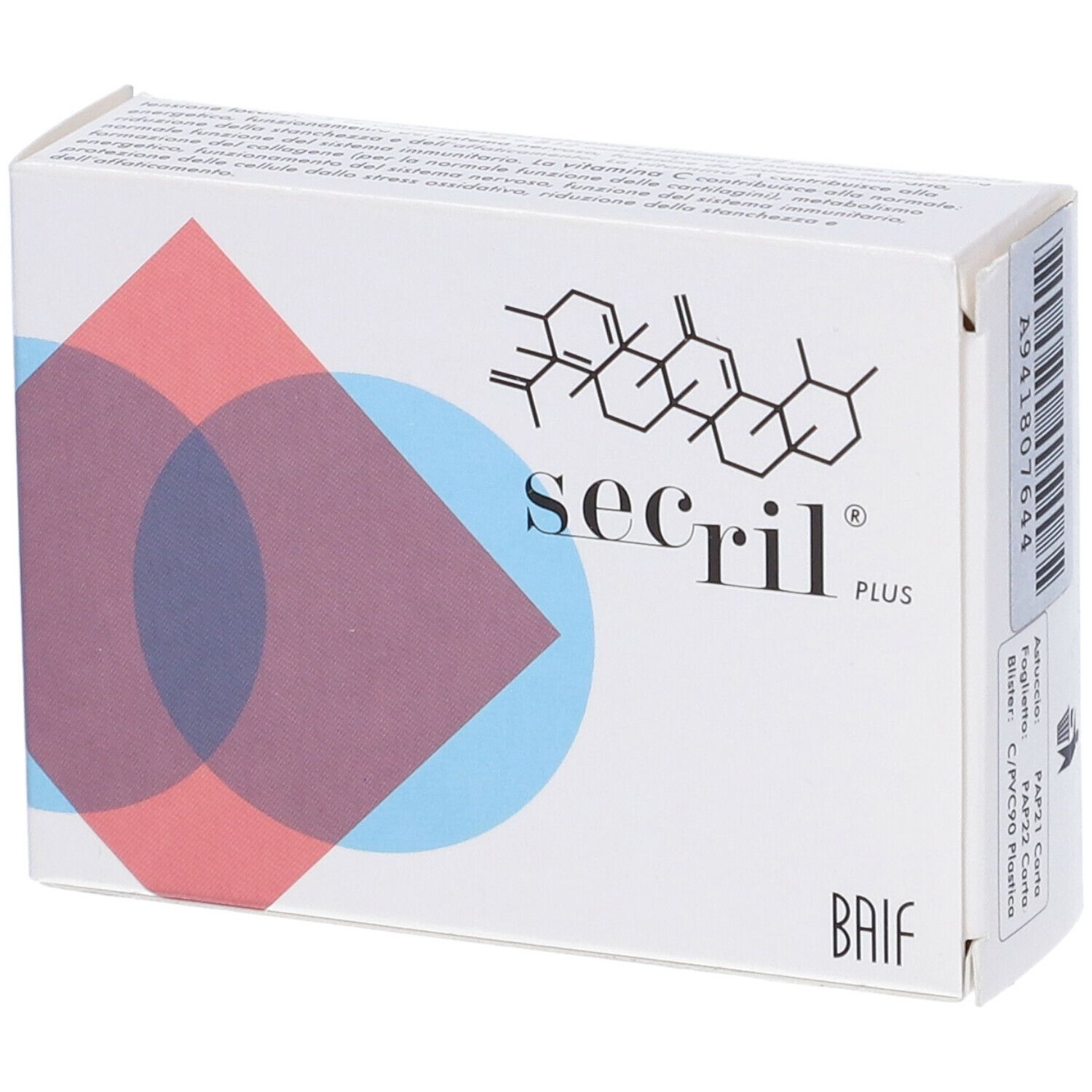 Scatola di Secril Plus. Stampa con struttura chimica, nome del prodotto e logo. Sfondo con cerchi rossi e blu.