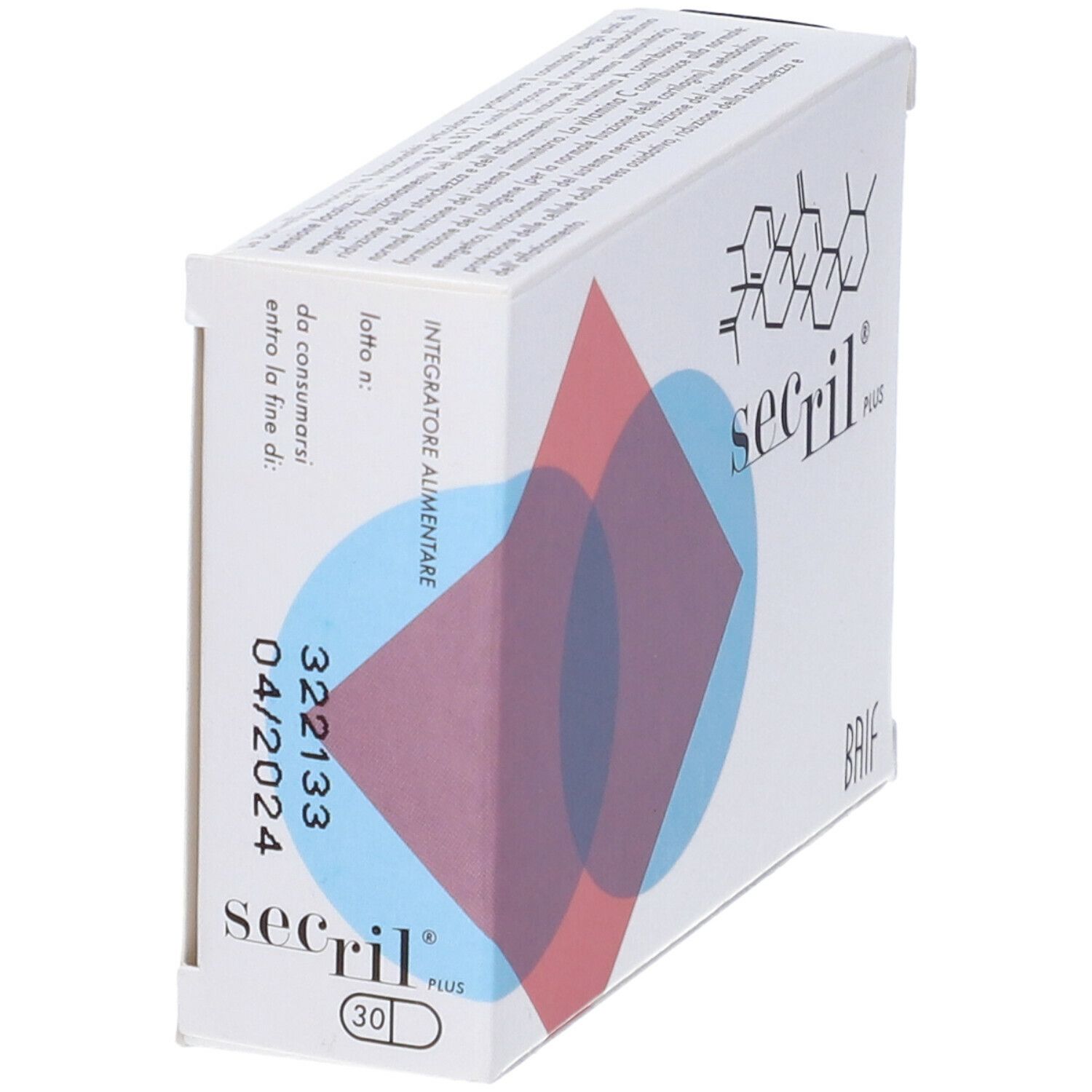 Scatola Secril Plus, in diagonale. Stampa con nome del prodotto, logo e struttura chimica. Data di scadenza stampata.