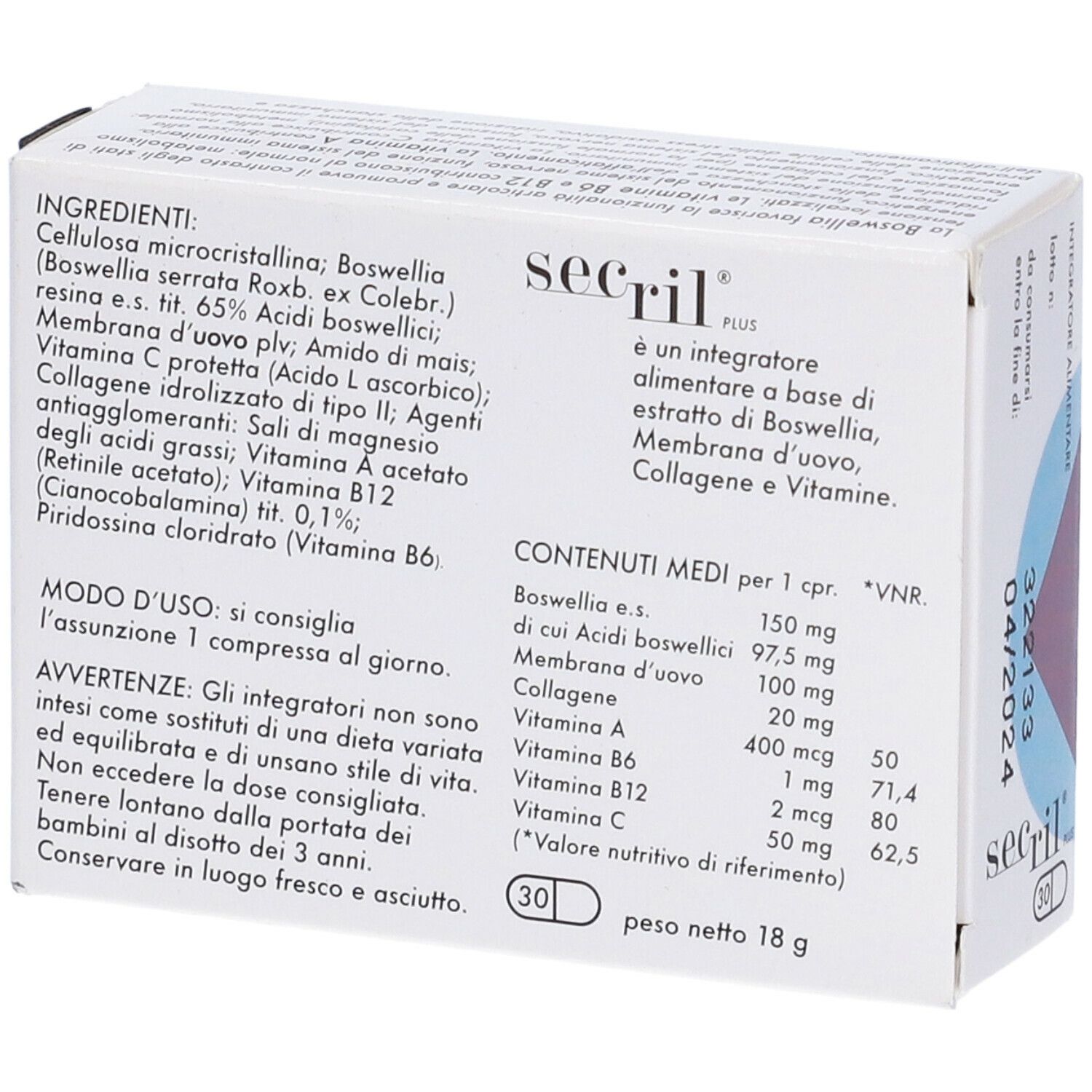 Scatola Secril Plus aperta. Stampa con ingredienti, informazioni nutrizionali e dosaggio. 30 compresse.