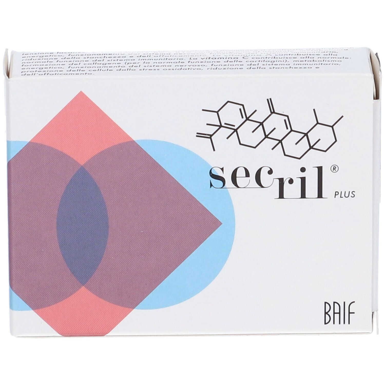 Scatola Secril Plus. Stampa con nome del prodotto, logo e struttura chimica. Sfondo con cerchi rossi e blu.