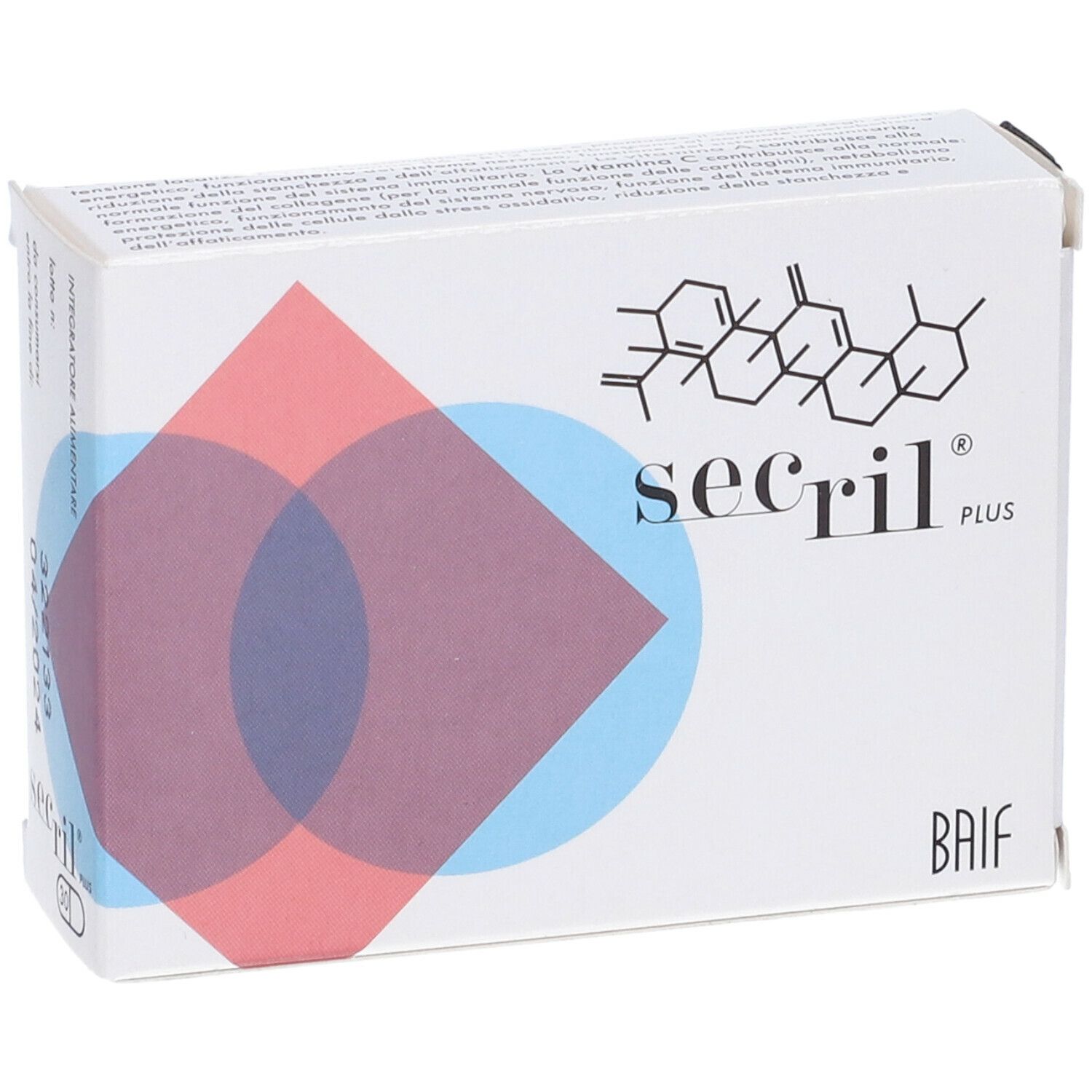 Scatola Secril Plus. Stampa con nome del prodotto, logo e struttura chimica. Sfondo con cerchi rossi e blu.