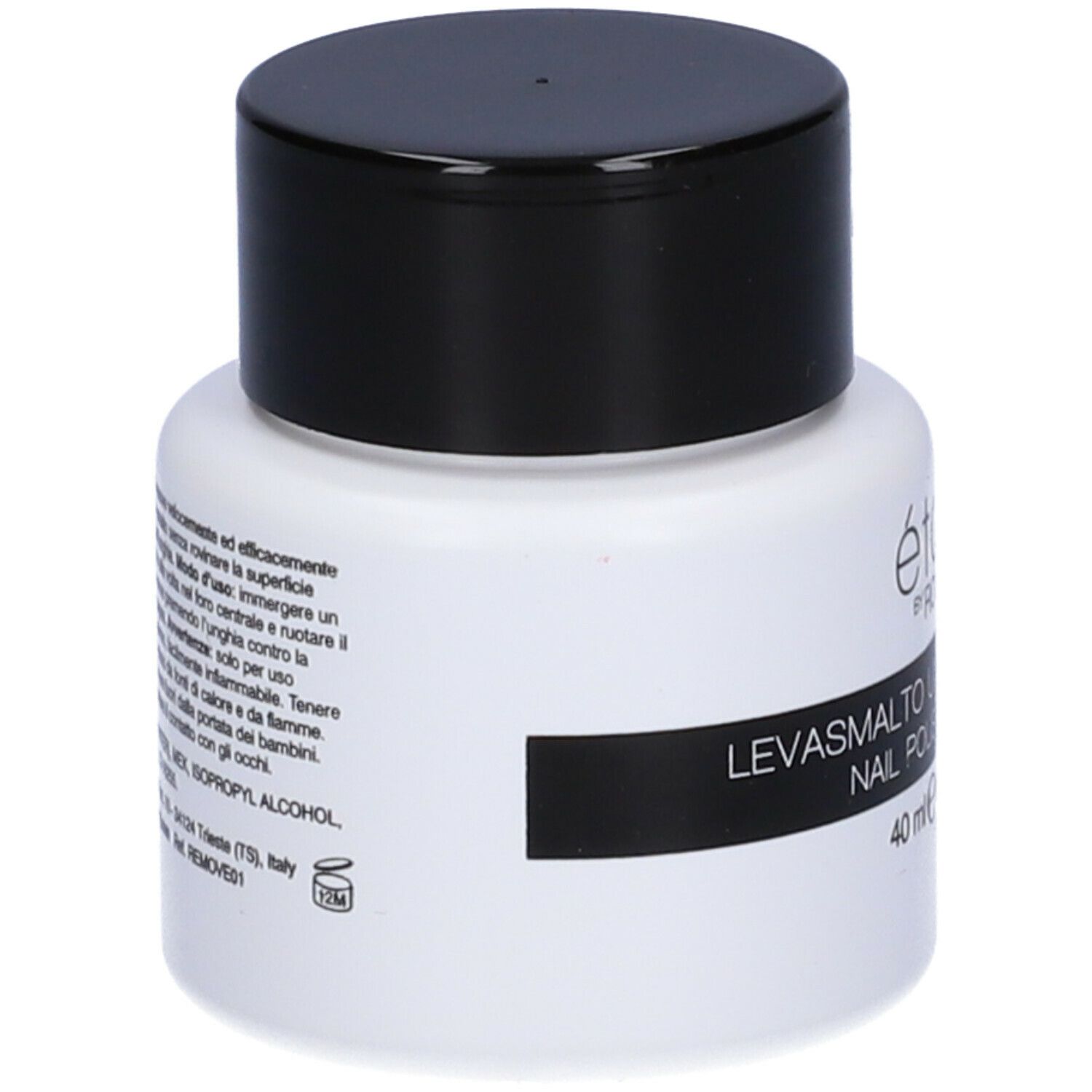 Flacone bianco con tappo nero. Testo in italiano. Scritta: LEVASMALTO UNGHIE IN SPUGNA, NAIL POLISH REMOVER. 40 ml. Con avvertenza.