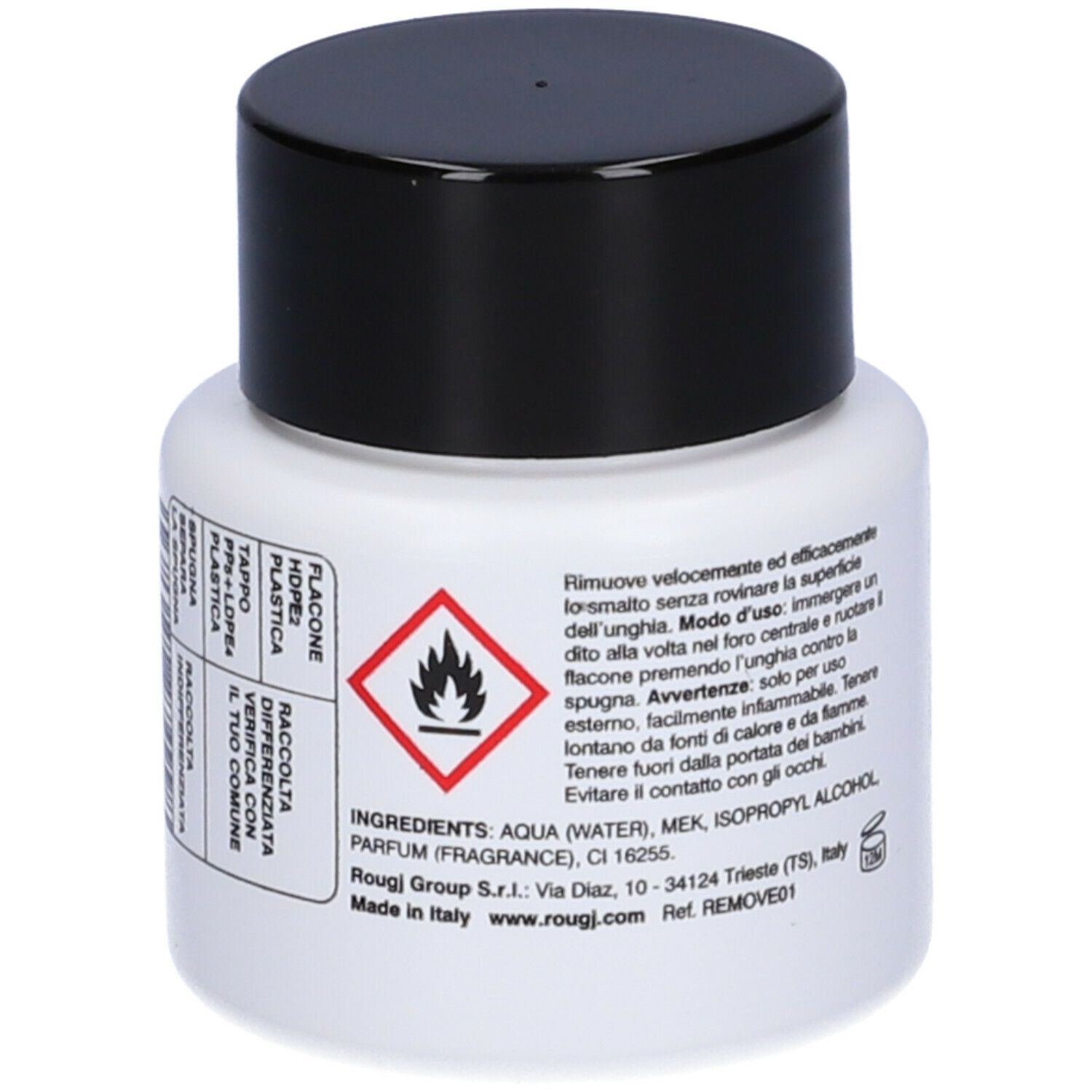 Flacone bianco con tappo nero. Retro con testo e simbolo di pericolo. Ingredienti: AQUA, MEK, ISOPROPYL ALCOHOL, PARFUM.