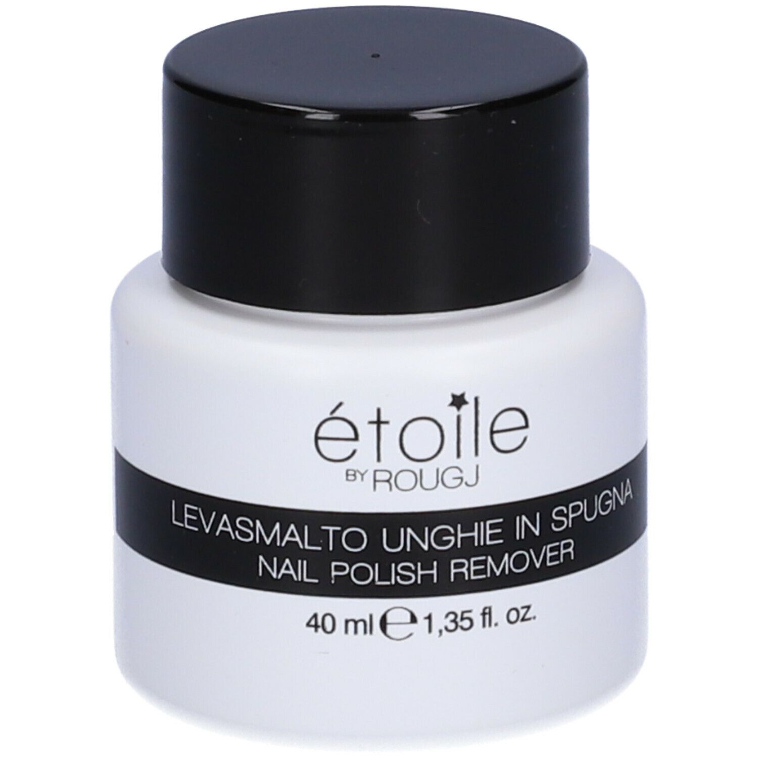 Flacone bianco con tappo nero. Scritta: étoile by ROUGJ, LEVASMALTO UNGHIE IN SPUGNA, NAIL POLISH REMOVER. 40 ml.
