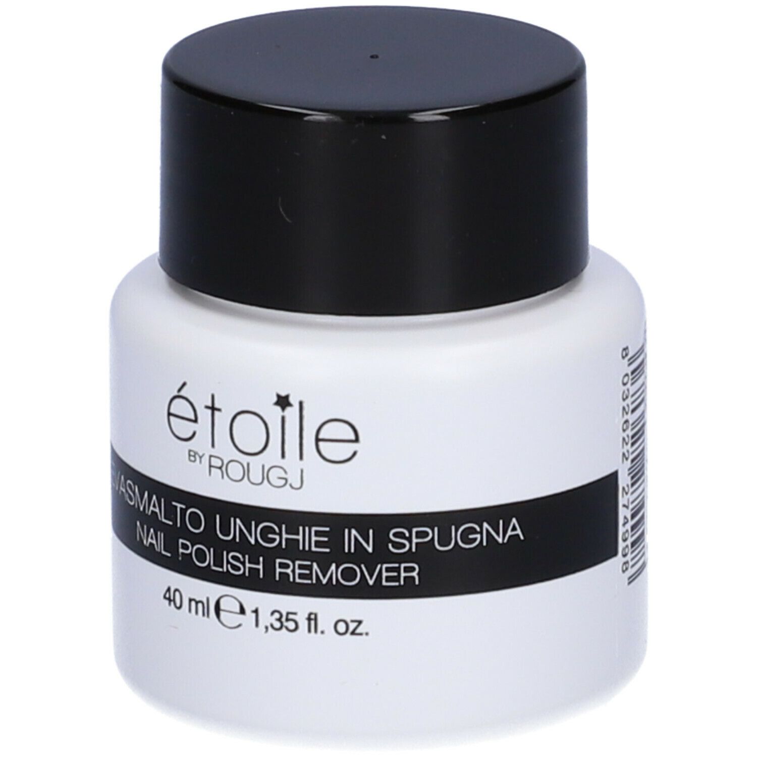 Flacone bianco con tappo nero. Scritta: étoile by ROUGJ, LEVASMALTO UNGHIE IN SPUGNA, NAIL POLISH REMOVER. 40 ml.