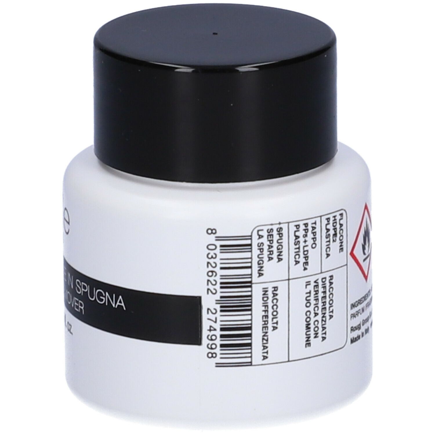 Flacone bianco con tappo nero. Retro con testo e simbolo di pericolo. Codice a barre. Ingredienti: AQUA, MEK, ISOPROPYL ALCOHOL, PARFUM.