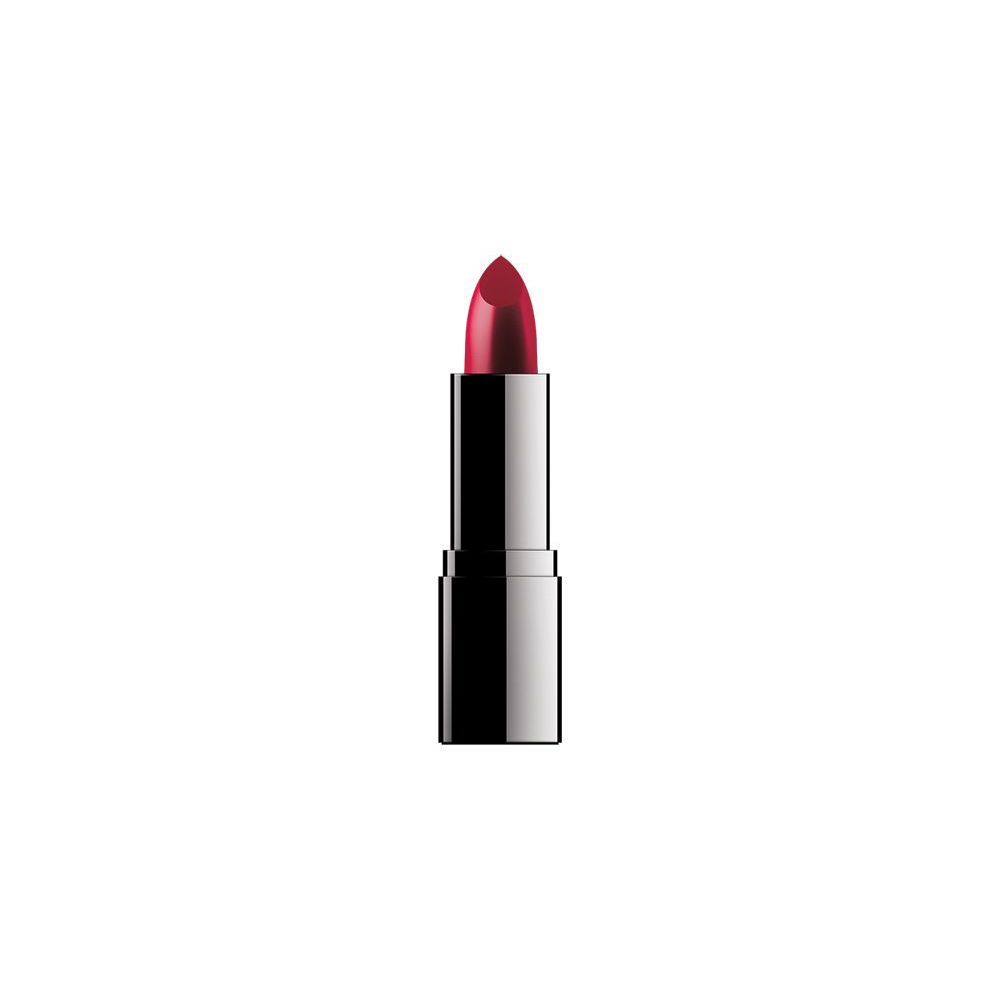 Rossetto rosso con punta in un involucro argentato. Il rossetto è mostrato su sfondo bianco.
