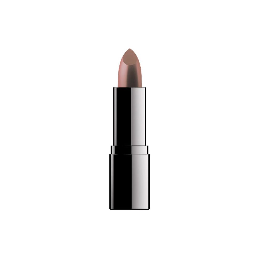 Rossetto con custodia nera e argento. La punta del rossetto è marrone chiaro. Su sfondo bianco.