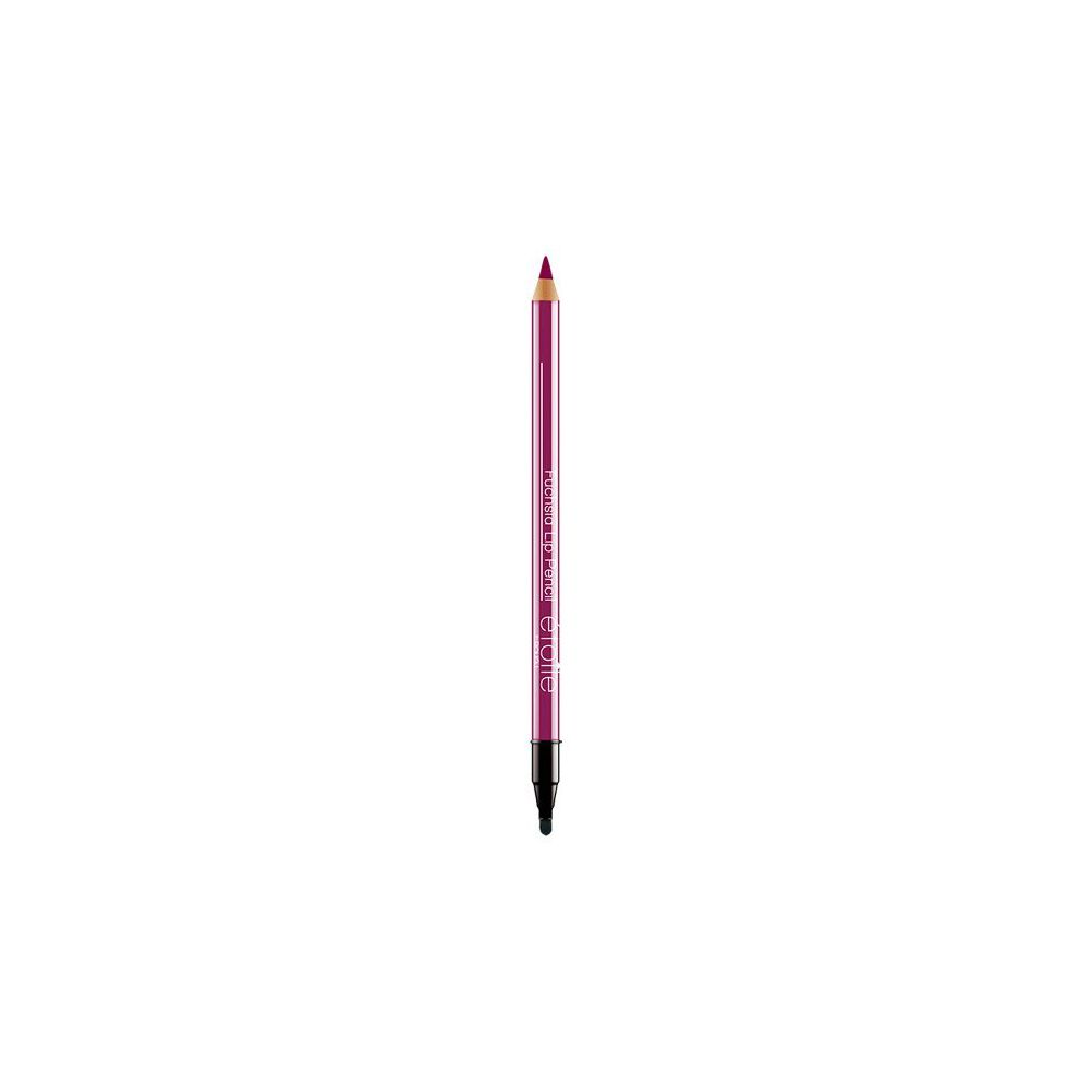Matita labbra fucsia. Forma cilindrica, con punta nera e estremità abbinata. Testo sulla matita.