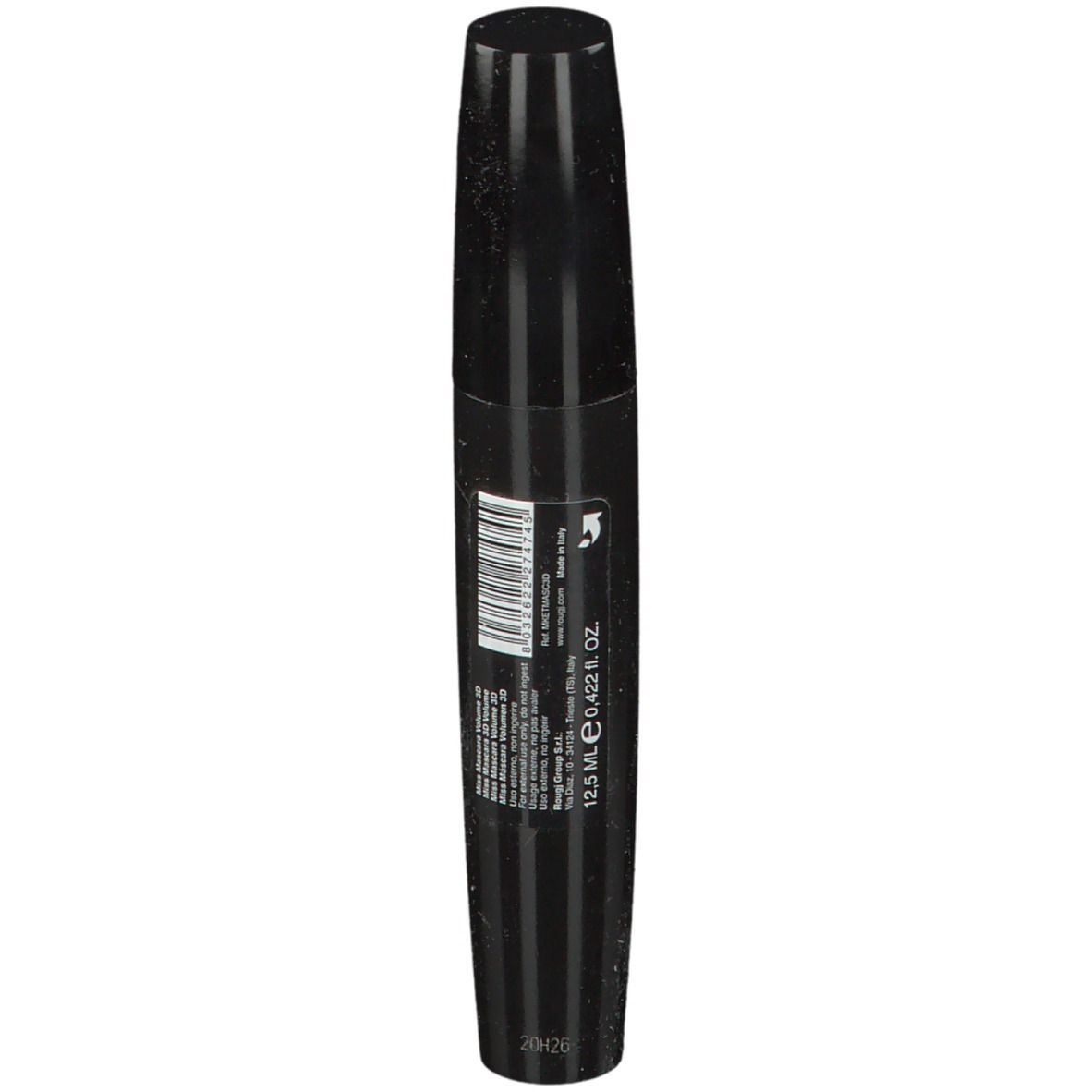 Mascara nero. Testo e codice a barre. 12,5 ml e 0,422 fl. oz.
