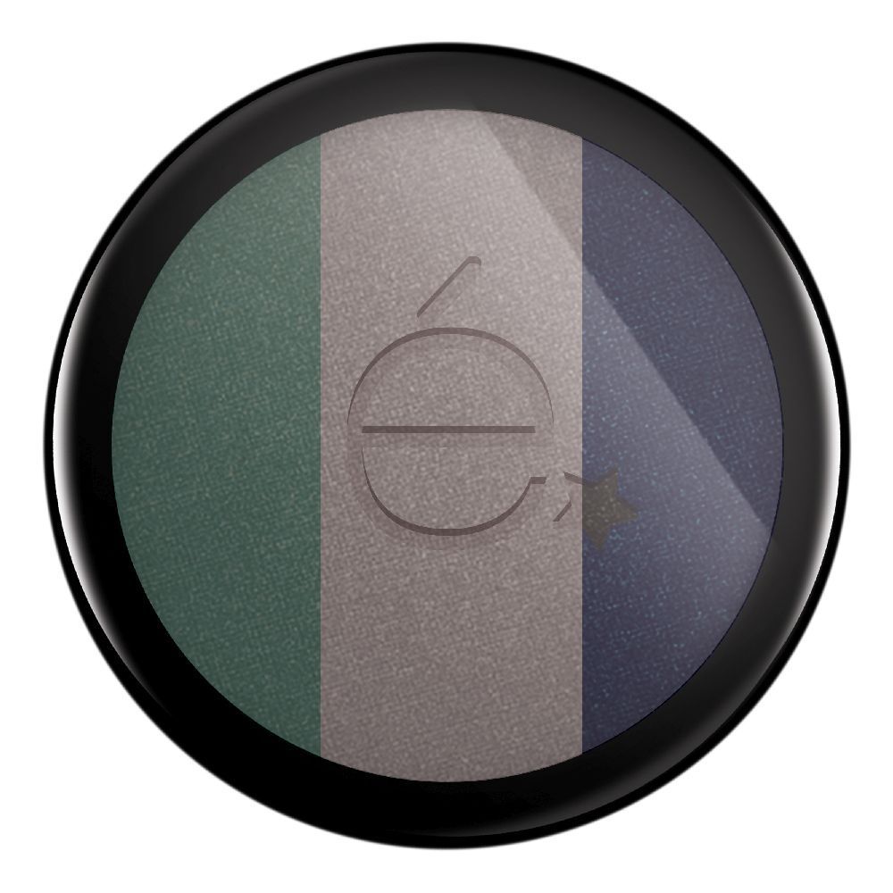 Contenitore rotondo nero Ombretto Trio con tre sezioni colorate: verde, grigio e blu navy. Logo al centro.