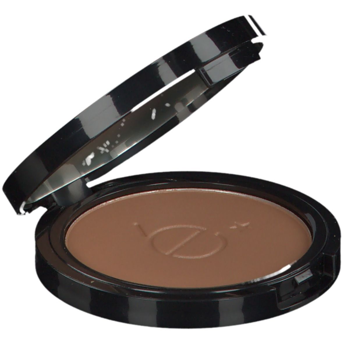 Poudre compacte marron. Boîtier noir rond ouvert. Logo dans la poudre et sur le couvercle.