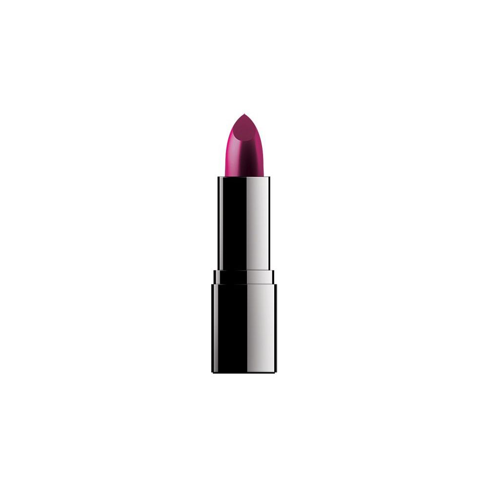 Rossetto rosa lucido in un involucro nero e argento. Il rossetto è raffigurato su sfondo bianco.