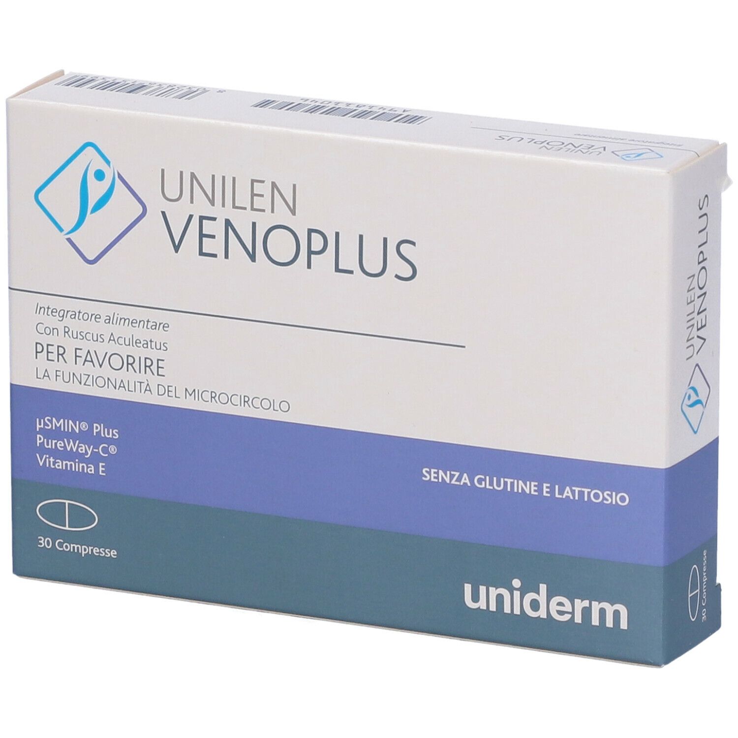 Scatola Unilen Venoplus. Confezione blu e bianca. Testo: Unilen Venoplus, 30 compresse, senza glutine, senza lattosio.