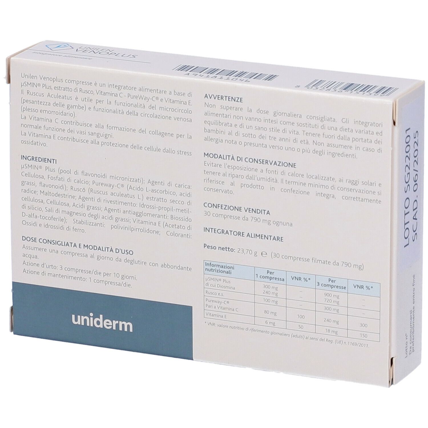 Retro della confezione Unilen Venoplus. Testo: ingredienti, dosaggio, avvertenze. Confezione bianca con testi blu e neri.