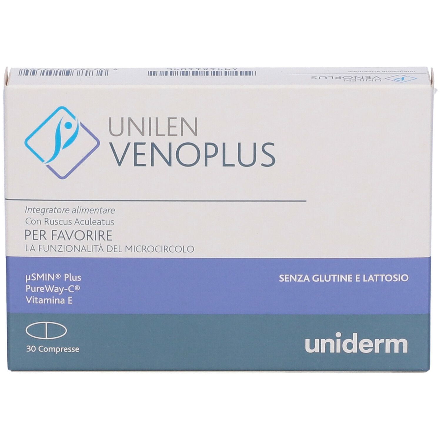 Scatola Unilen Venoplus. Confezione blu e bianca. Testo: Unilen Venoplus, 30 compresse, senza glutine, senza lattosio.