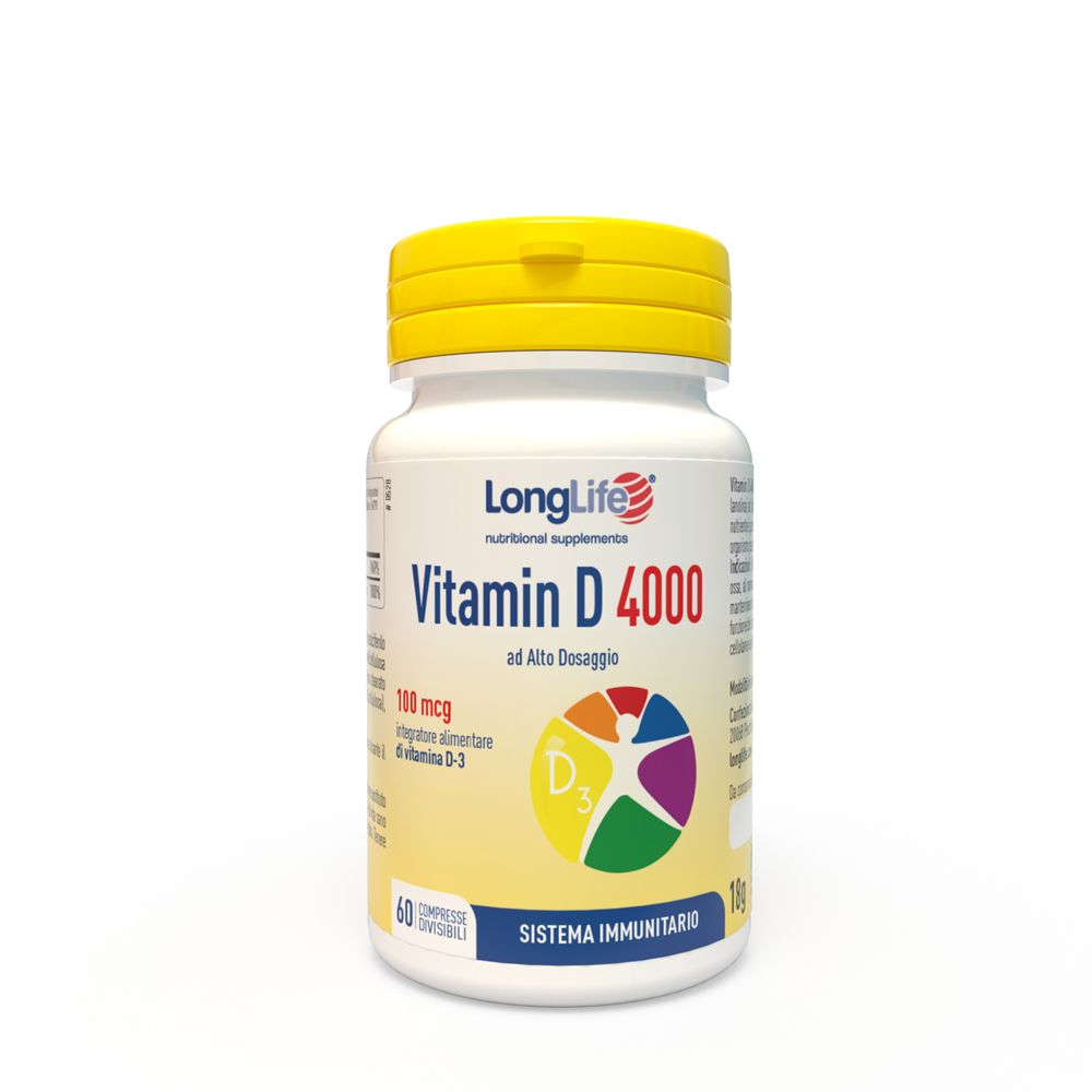 Flacone bianco con tappo giallo. Scritta: LongLife Vitamina D 4000, 100 mcg. 60 compresse. Illustrazione della vitamina D3.