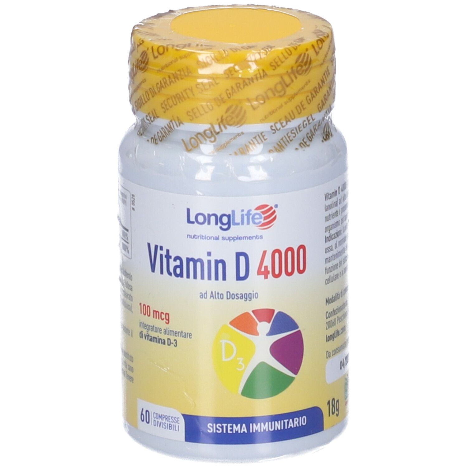 Flacone bianco con tappo giallo e sigillo. Scritta: LongLife Vitamina D 4000, 100 mcg. 60 compresse. Illustrazione vitamina D3.