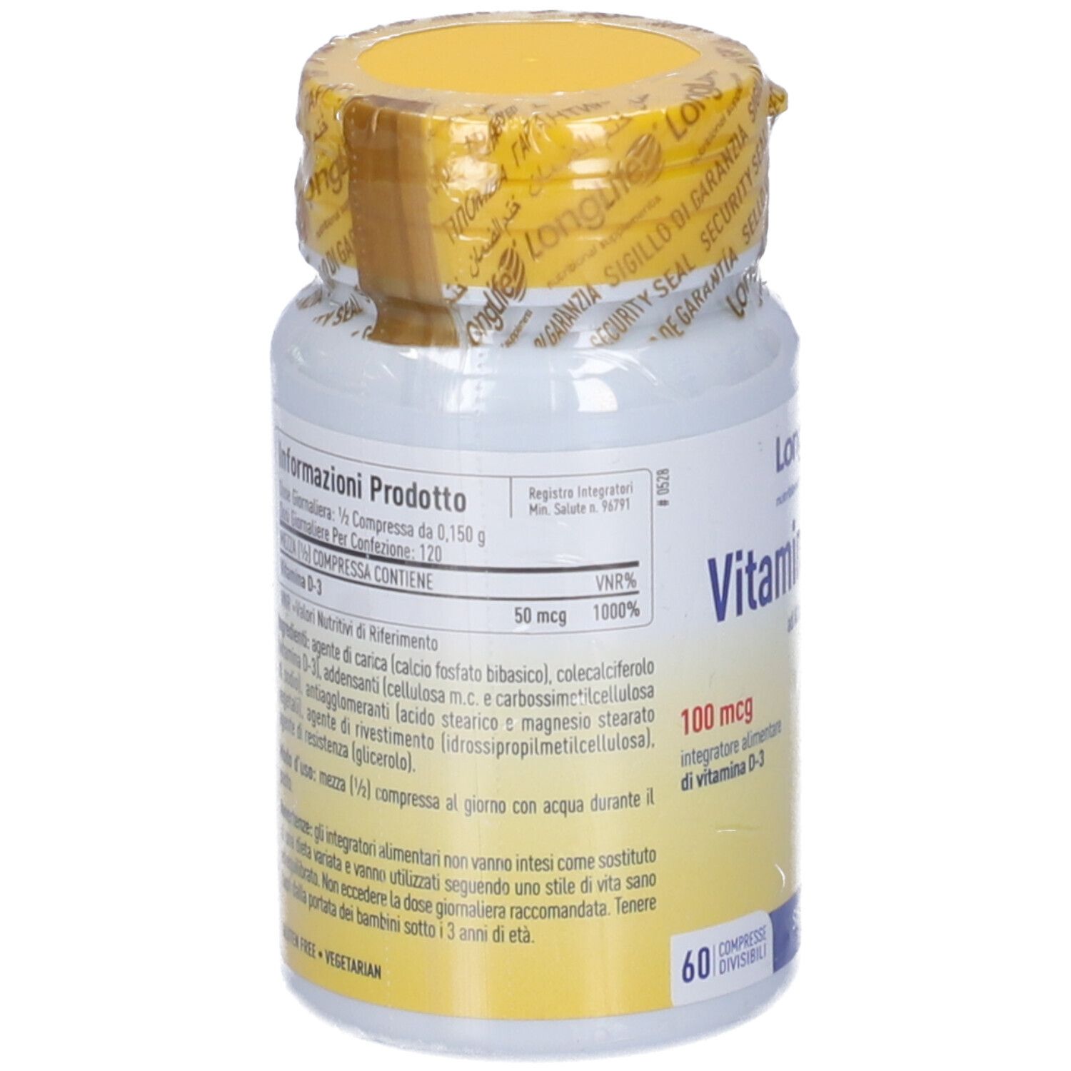 Retro del flacone con tappo giallo e sigillo. Testo: informazioni nutrizionali, ingredienti, istruzioni per l'uso. Senza glutine, vegetariano.