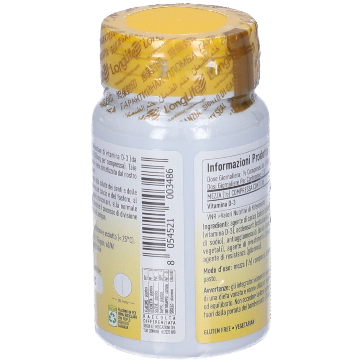 Retro del flacone con tappo giallo e sigillo. Testo: dosaggio, ingredienti. Senza glutine, vegetariano.