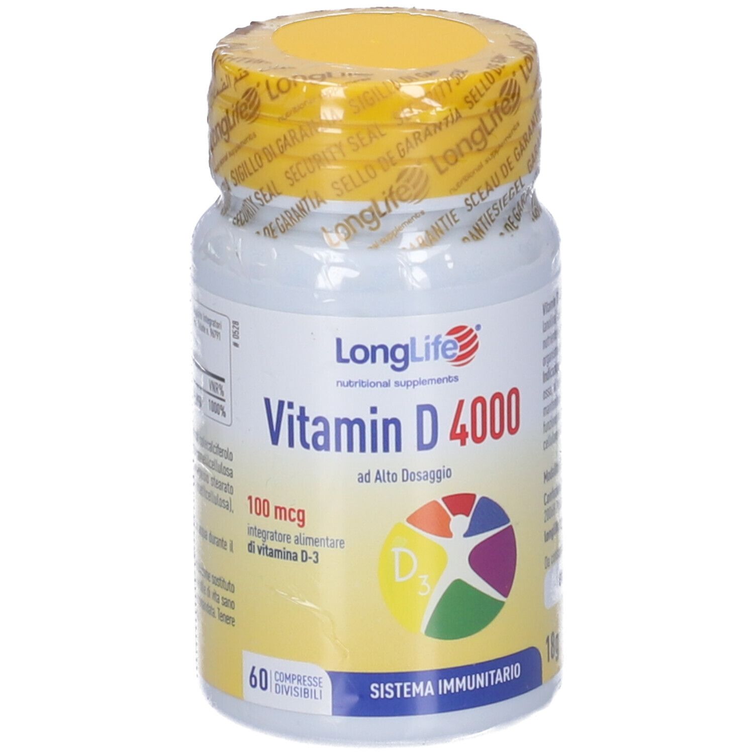 Flacone con tappo giallo e sigillo. Scritta: LongLife Vitamina D 4000, 100 mcg. 60 compresse. Illustrazione vitamina D3.
