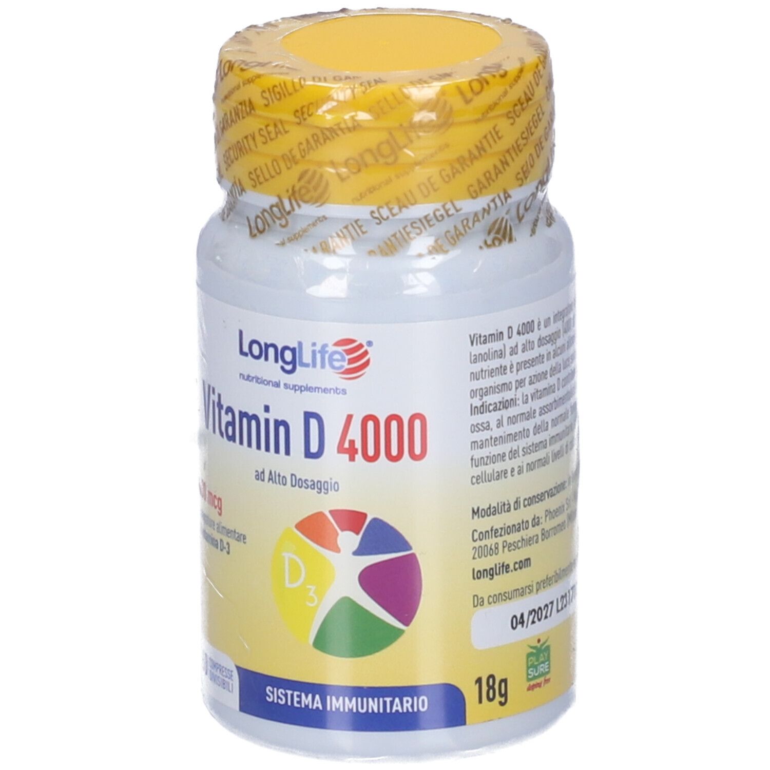 Flacone con tappo giallo e sigillo. Scritta: LongLife Vitamina D 4000, 100 mcg. 18g. Illustrazione vitamina D3.