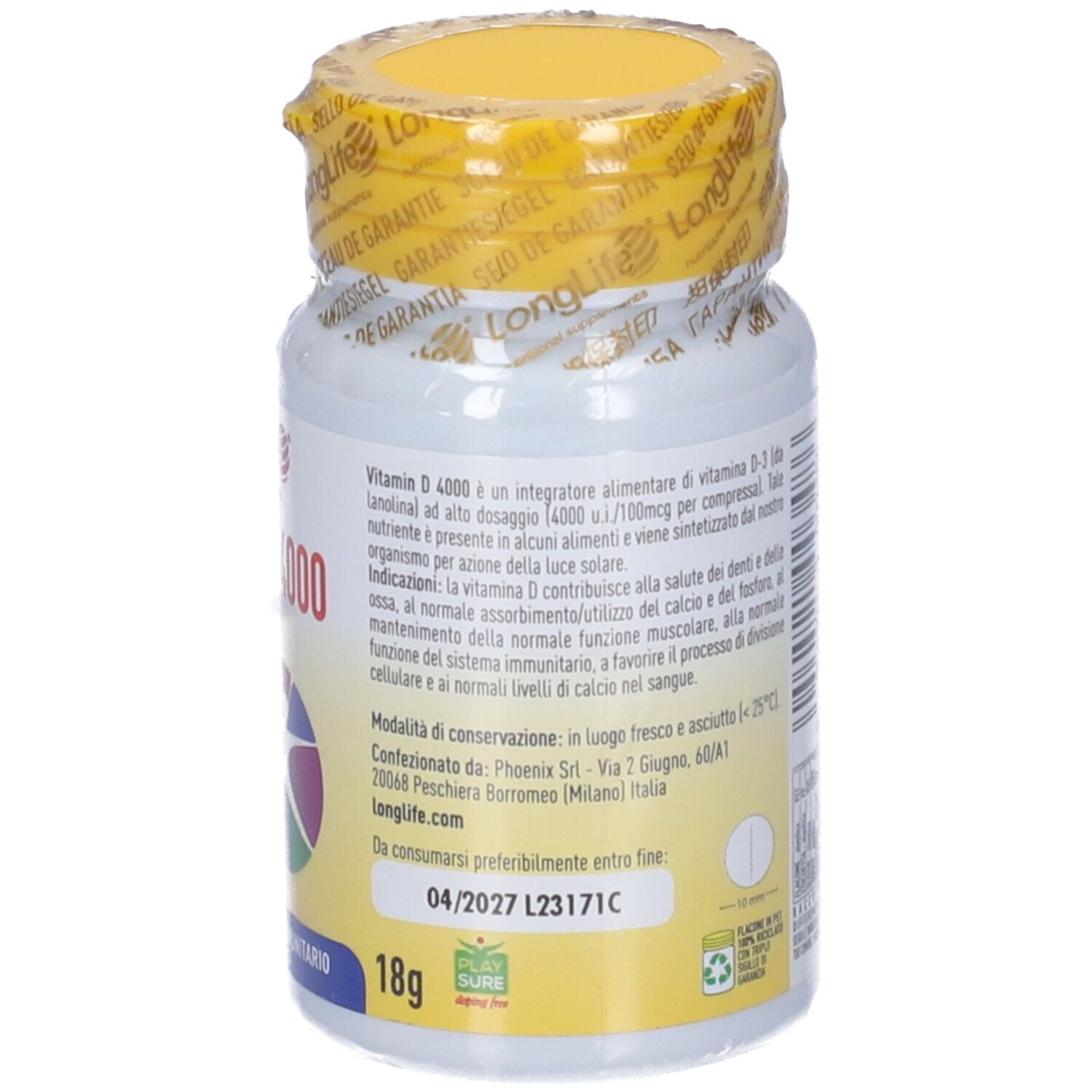 Retro del flacone con tappo giallo e sigillo. Testo: ingredienti, data di scadenza. 18g. Simbolo di riciclaggio.