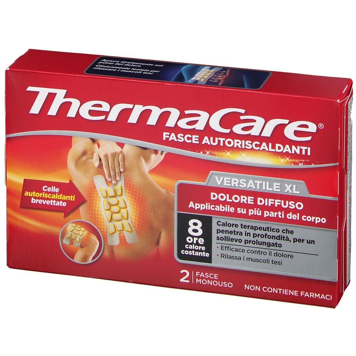 Confezione rossa Thermacare® Fasce Autoriscaldanti Versatile XL. Immagine di persona con cerotto riscaldante sulla schiena.