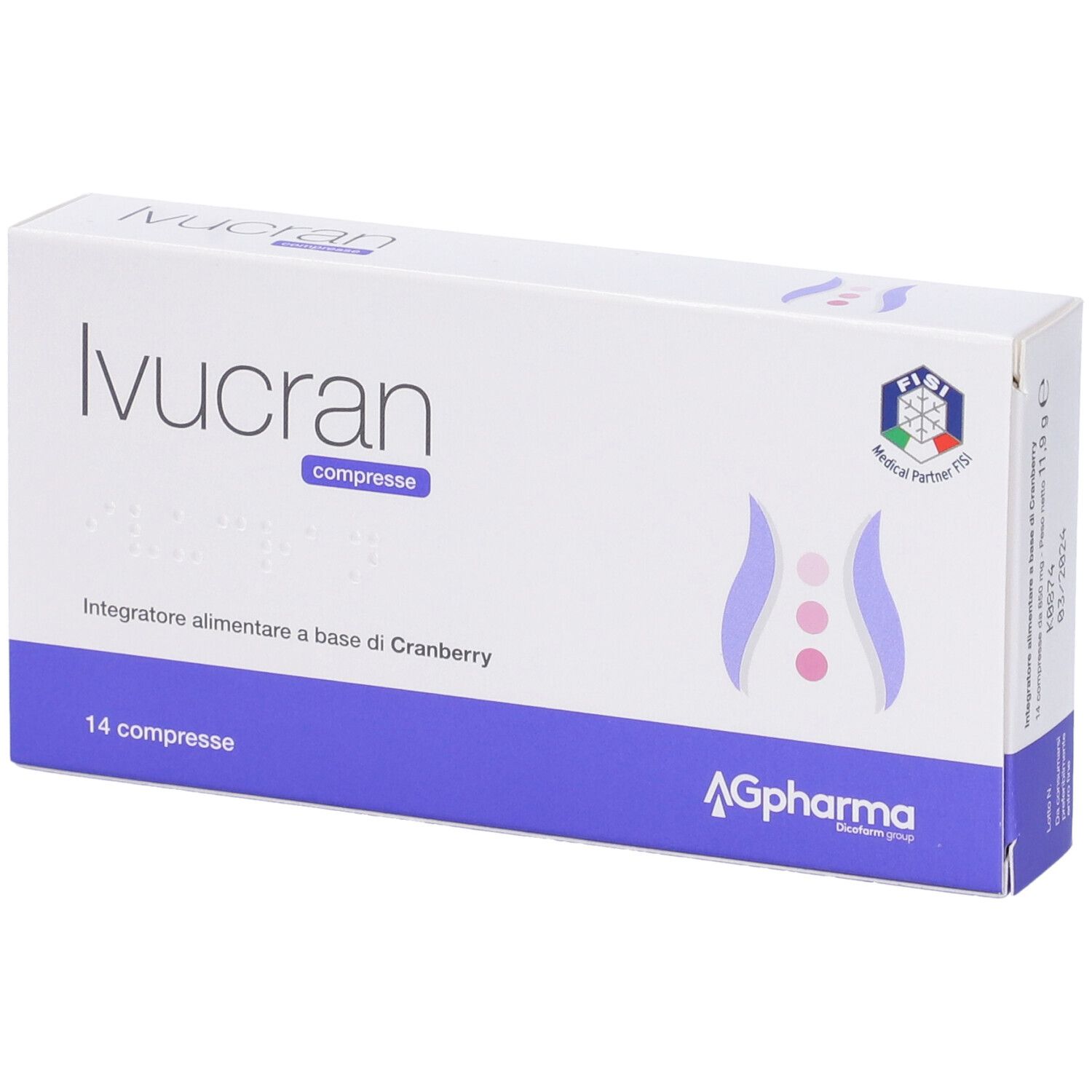 Scatola "Ivucran compresse". Confezione bianca e viola. 14 compresse. Logo AGpharma.