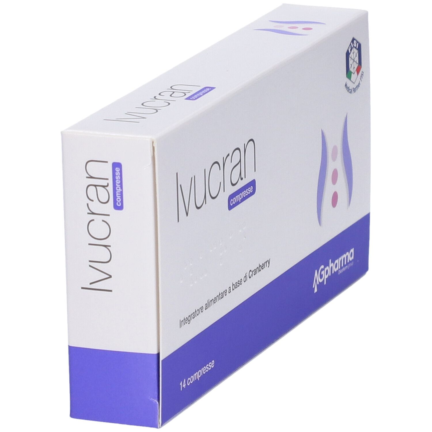 Scatola "Ivucran compresse" in prospettiva. Confezione bianca e viola. Logo AGpharma.