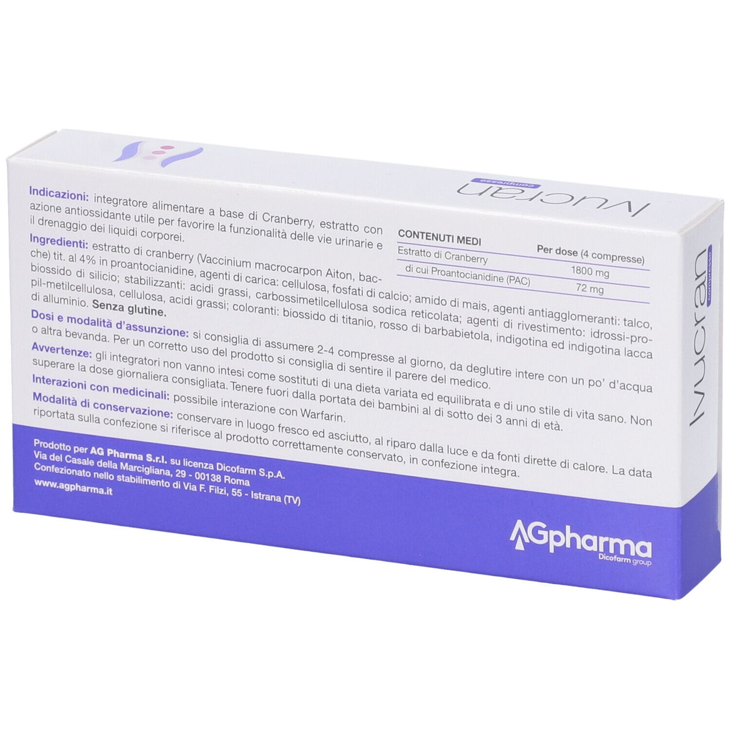 Retro della scatola "Ivucran". Testo in italiano. Logo AGpharma. Logo Partner Medico.