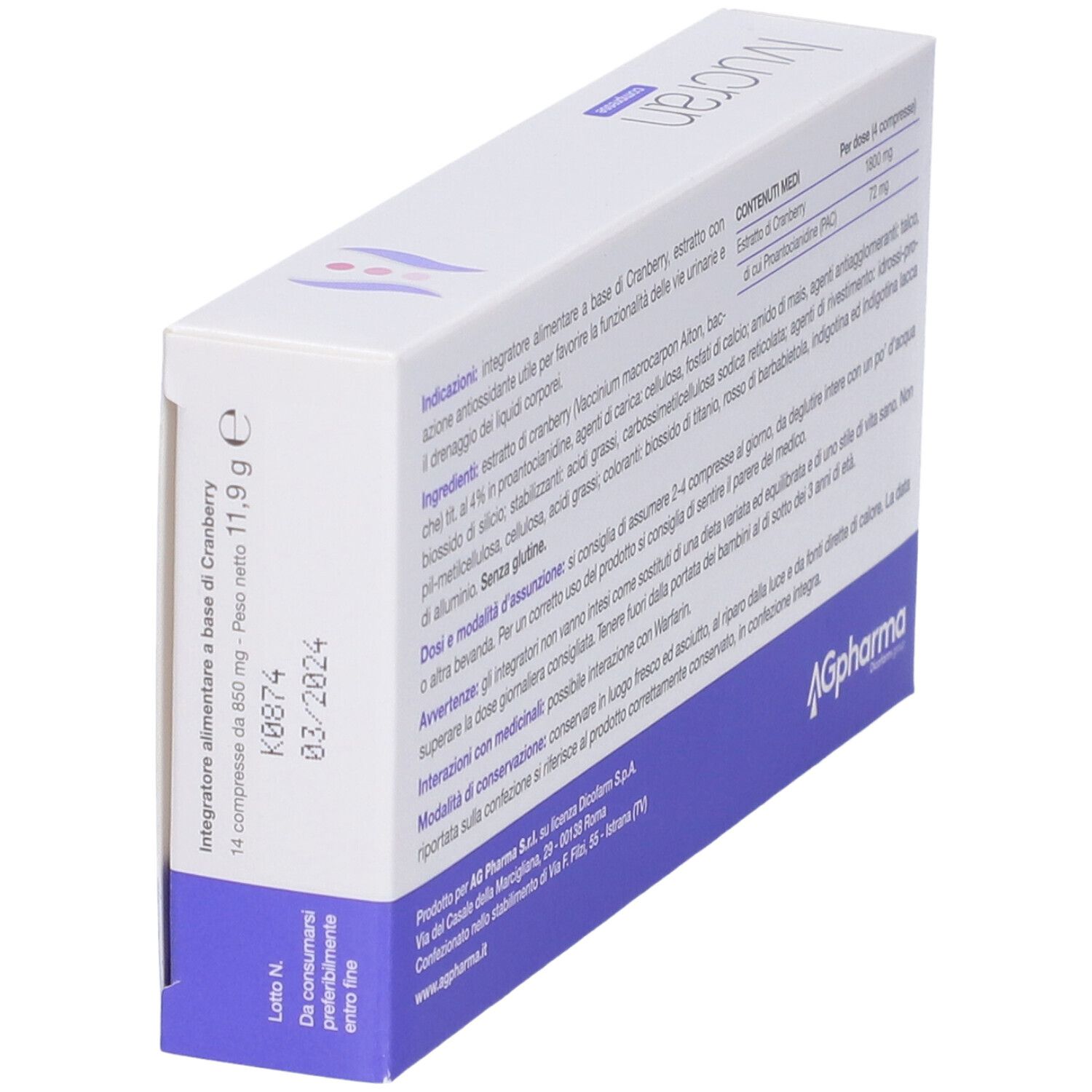 Retro della scatola "Ivucran". Testo in italiano. Logo AGpharma. Data di scadenza.