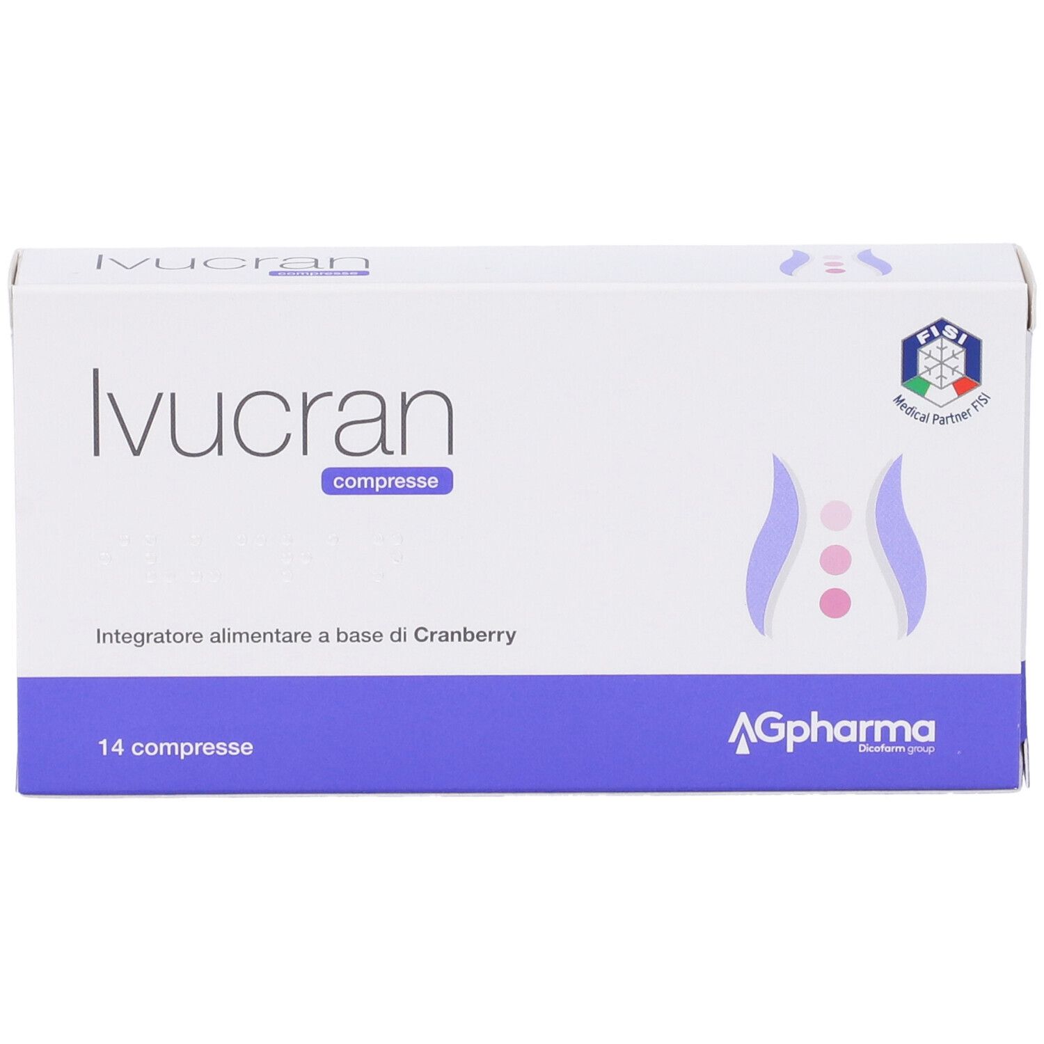 Scatola "Ivucran compresse". Confezione bianca e viola. 14 compresse. Logo AGpharma. Logo Partner Medico.