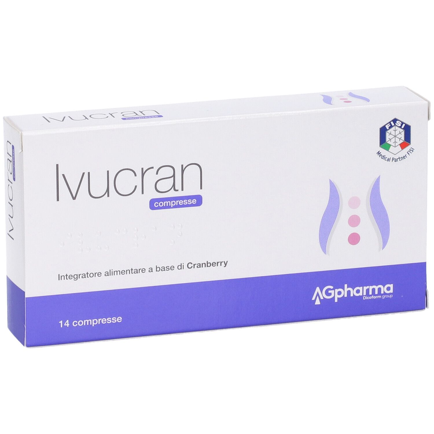 Scatola "Ivucran compresse". Confezione bianca e viola. 14 compresse. Logo AGpharma. Logo Partner Medico.