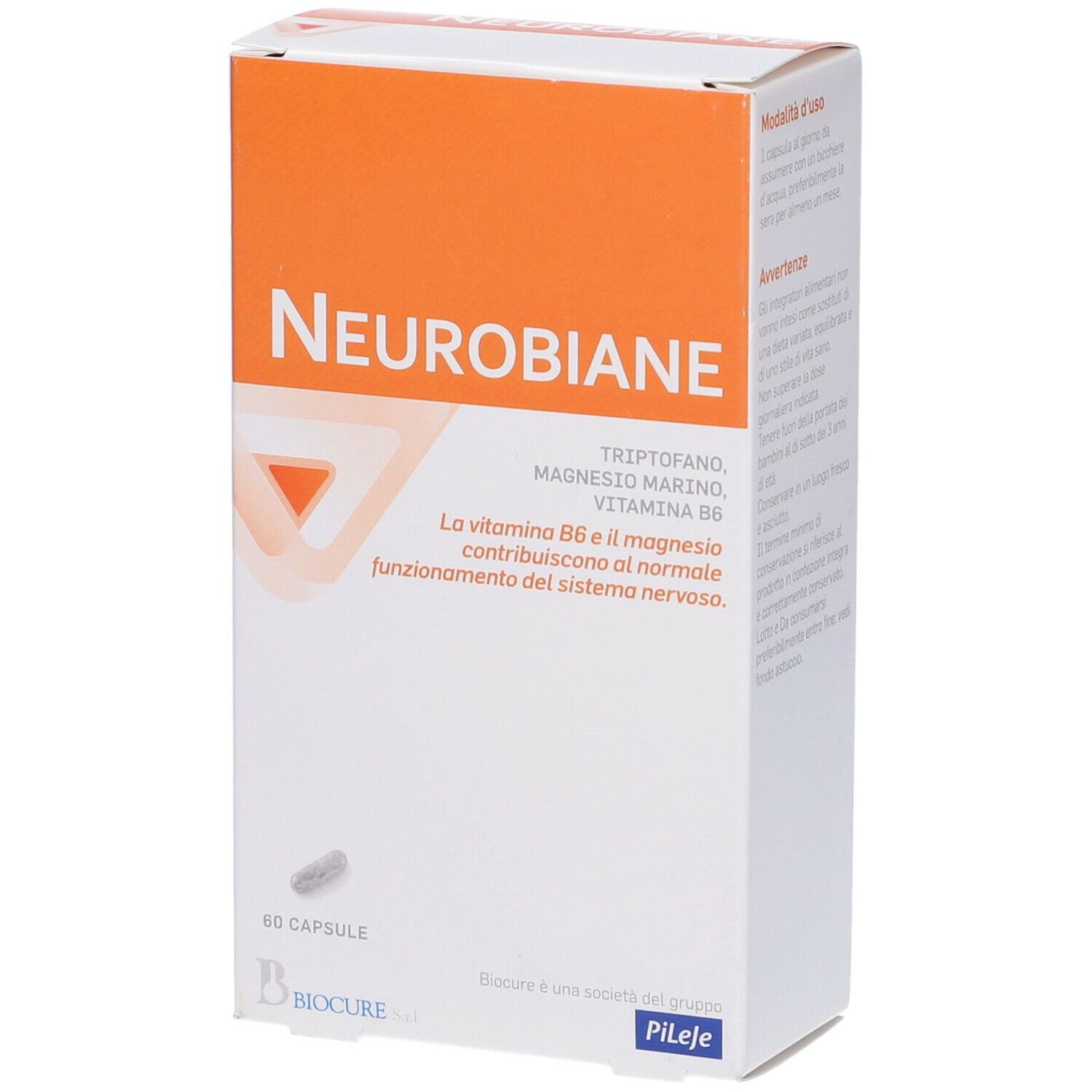Scatola Neurobiane. Arancione e bianca. Contiene 60 capsule. Marchio Biocure.