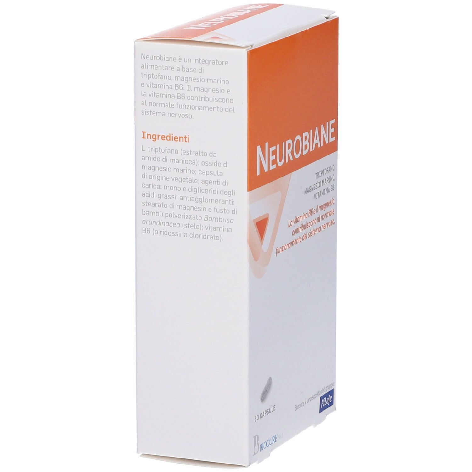 Scatola Neurobiane. Arancione e bianca. Elenco ingredienti e testo. Marchio Biocure.