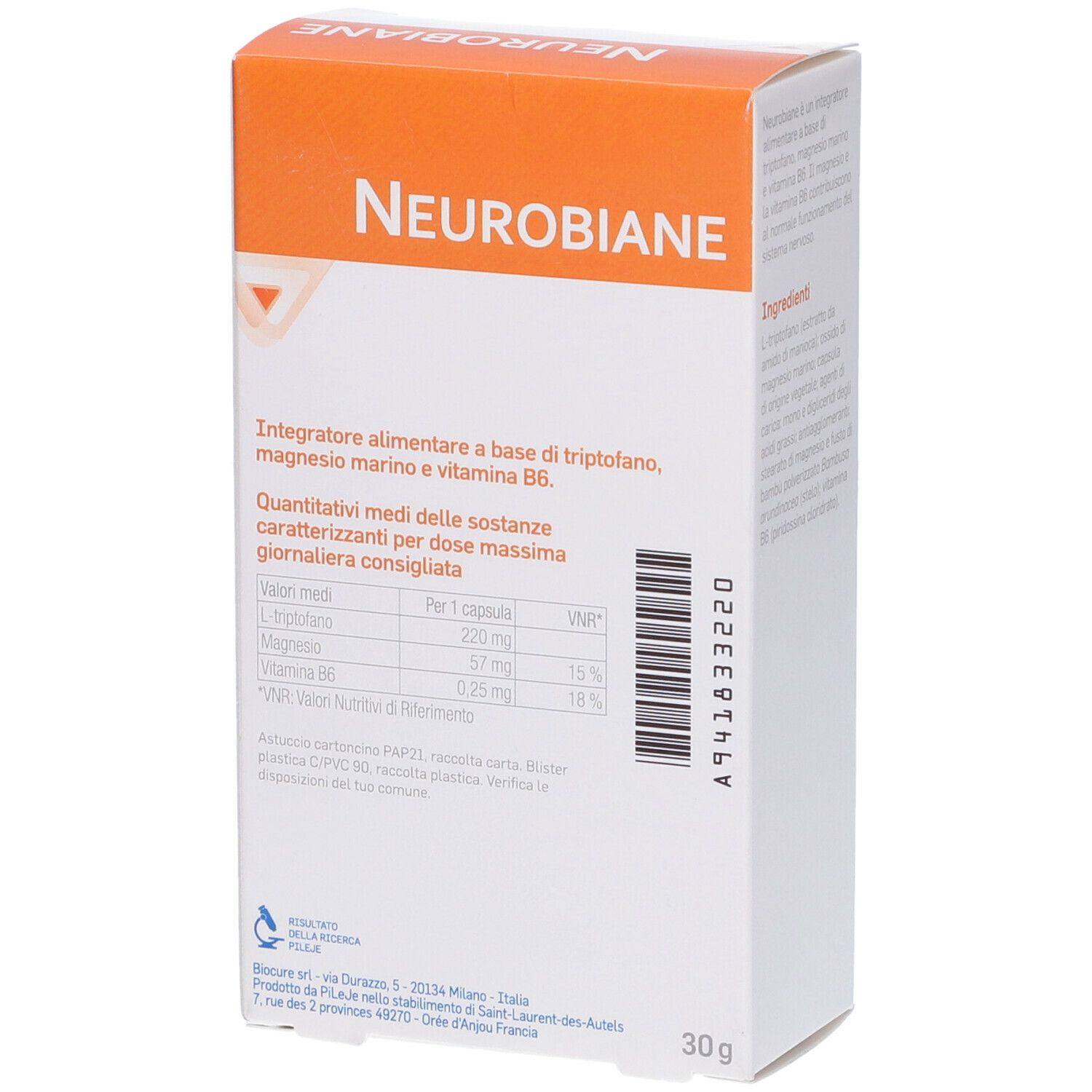 Scatola Neurobiane. Arancione e bianca. Informazioni nutrizionali e codice a barre. Marchio Biocure.