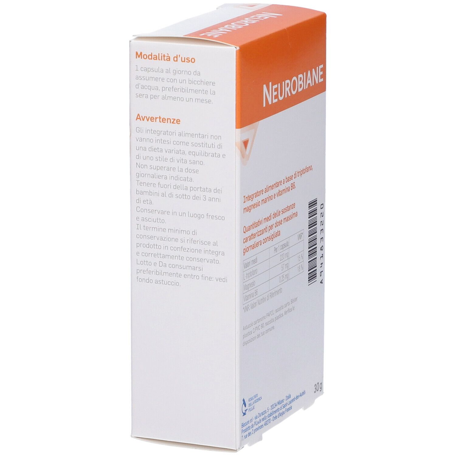 Scatola Neurobiane. Arancione e bianca. Istruzioni per l'uso e avvertenze. Marchio Biocure.