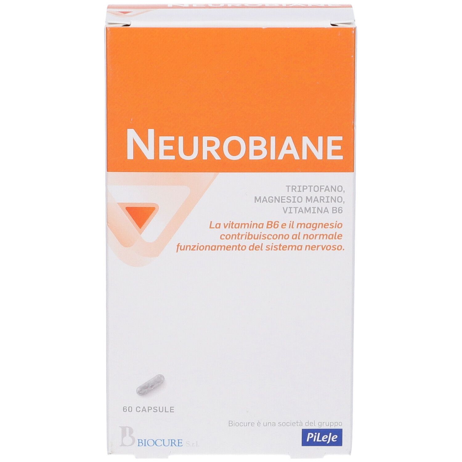 Scatola Neurobiane. Arancione e bianca. Contiene 60 capsule. Marchio Biocure.
